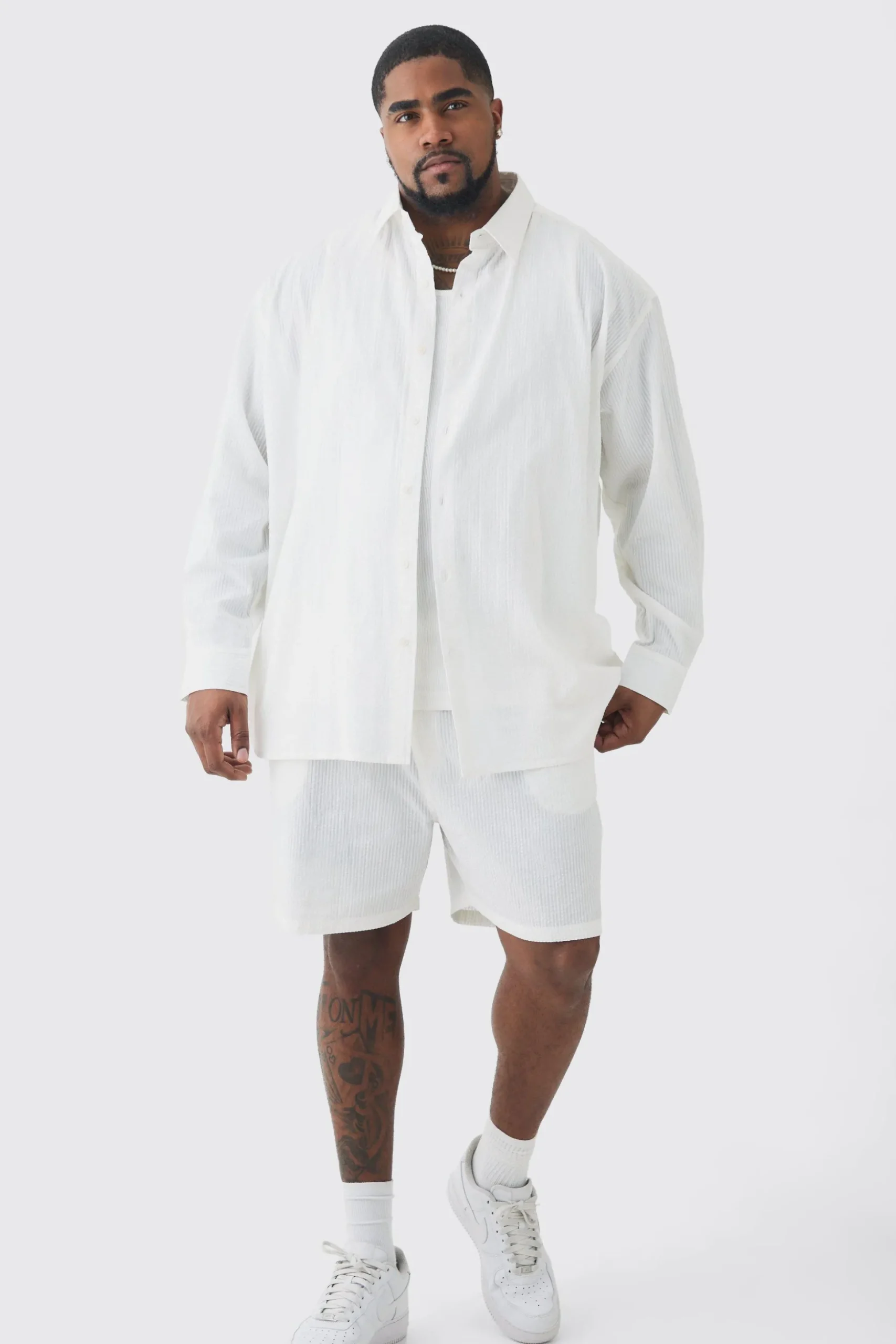 Plus Oversized Stripe Seersucker Shirt & Short Set In White | BoohooMAN UK