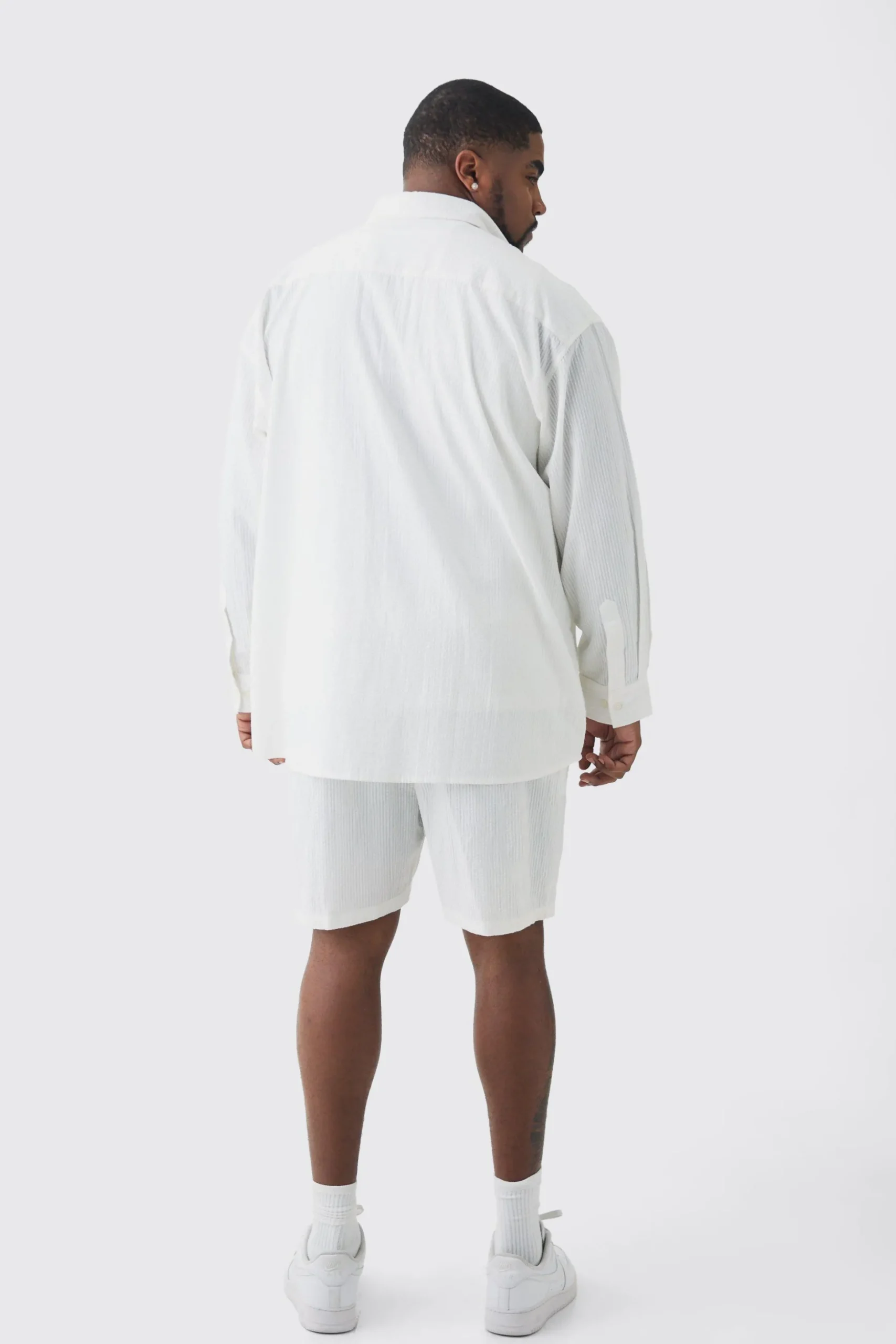 Plus Oversized Stripe Seersucker Shirt & Short Set In White | BoohooMAN UK