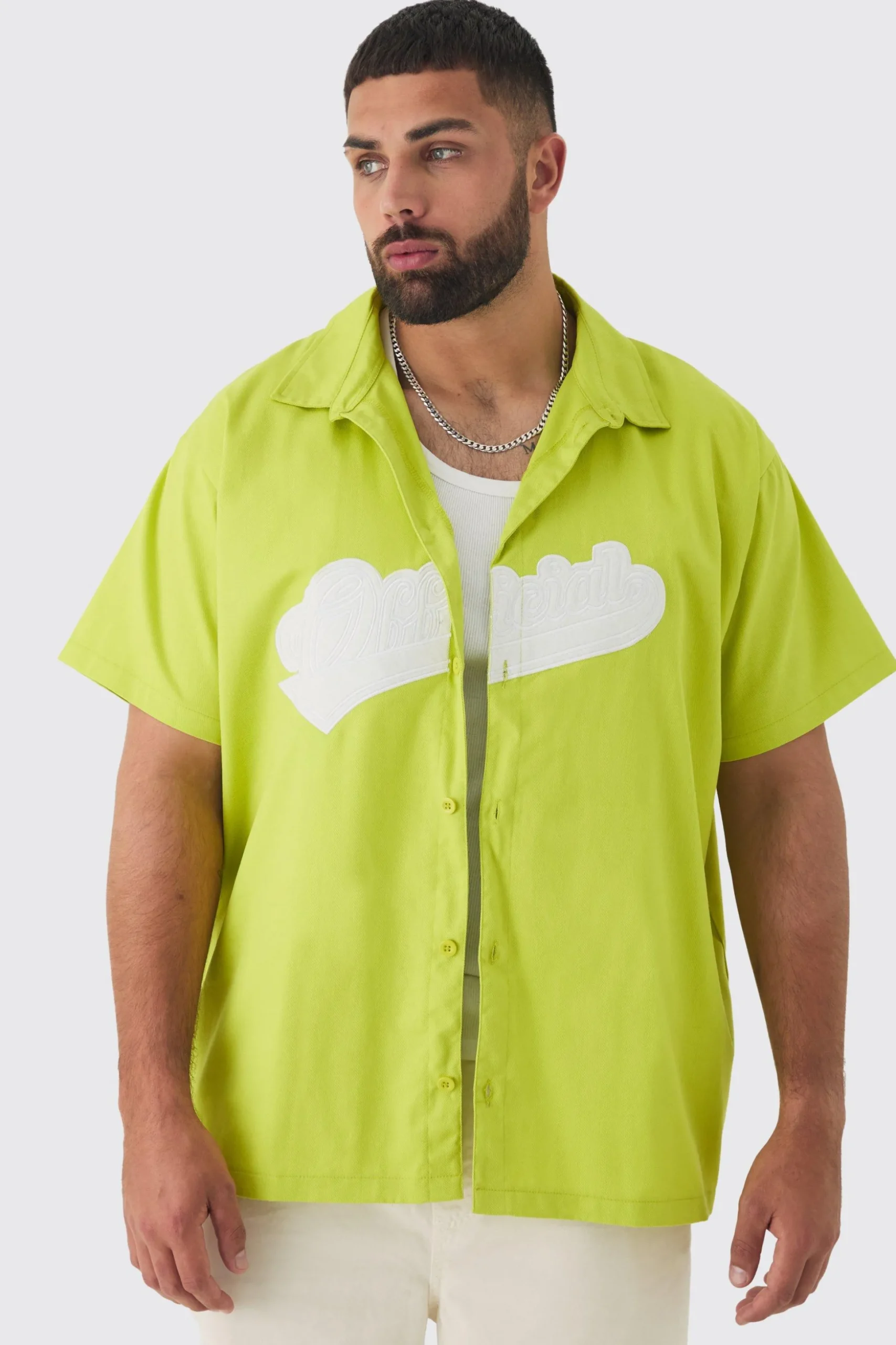 Plus Oversized Twill Official Applique Shirt | BoohooMAN UK