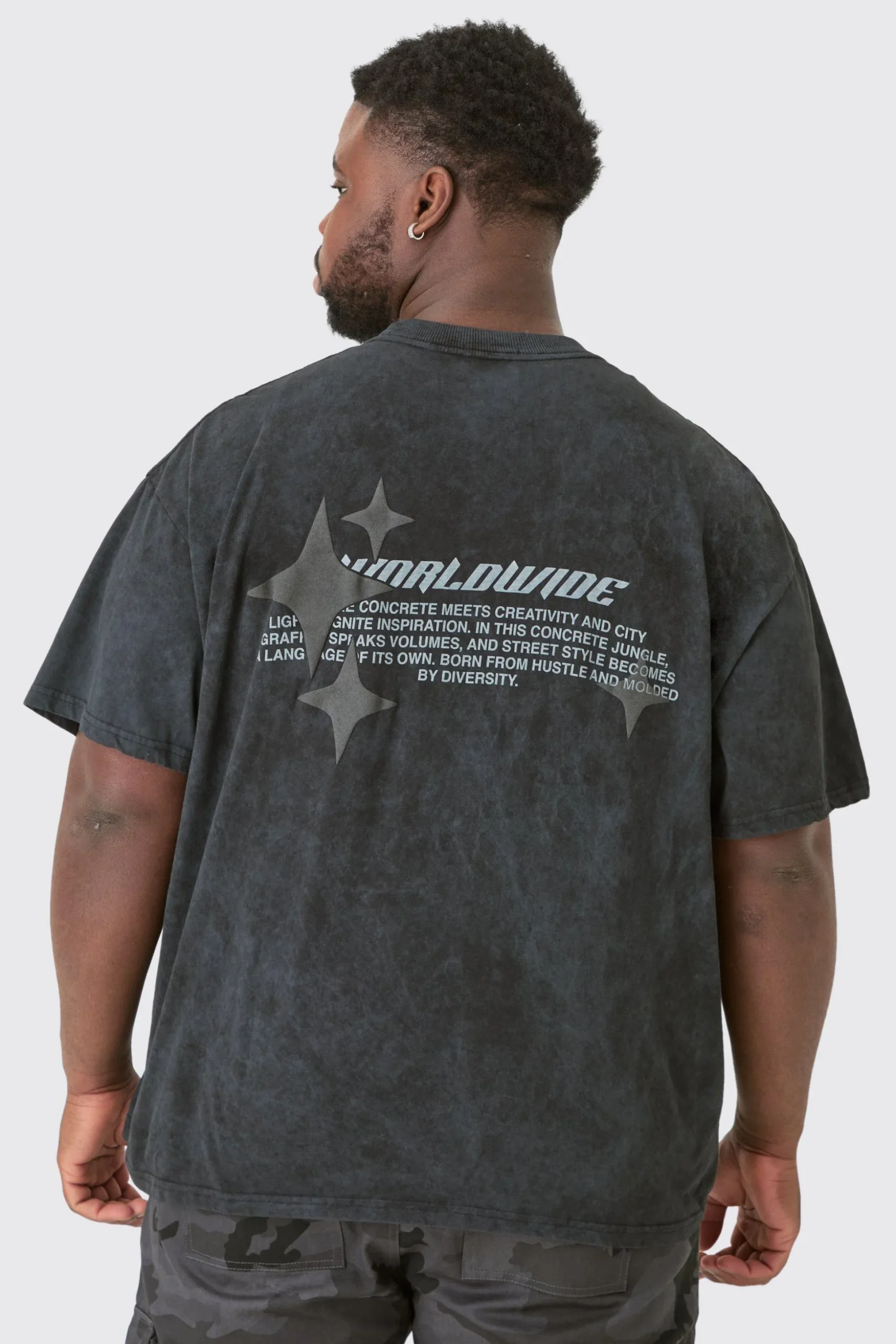 Plus Oversized Worldwide Back Print Star Puff In Acid Wash Grey | BoohooMAN UK