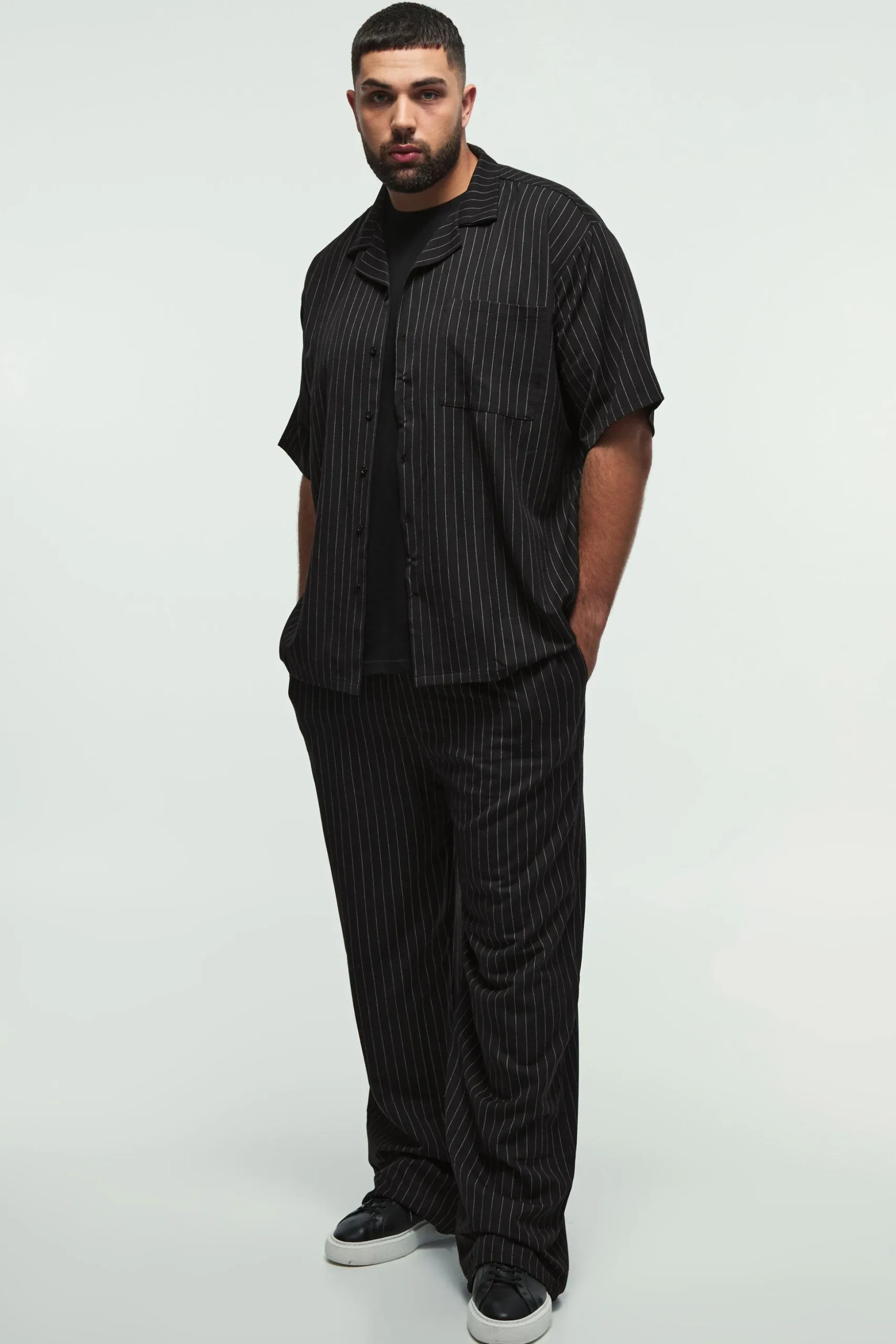 Plus Pinstripe Revere Shirt & Relaxed Trouser Set | BoohooMAN UK