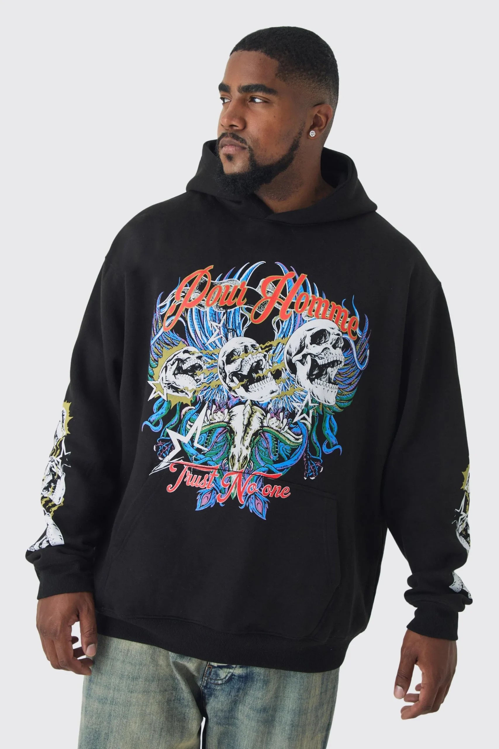 Plus Pour Homme Skull Print Oversized Hoodie | BoohooMAN UK