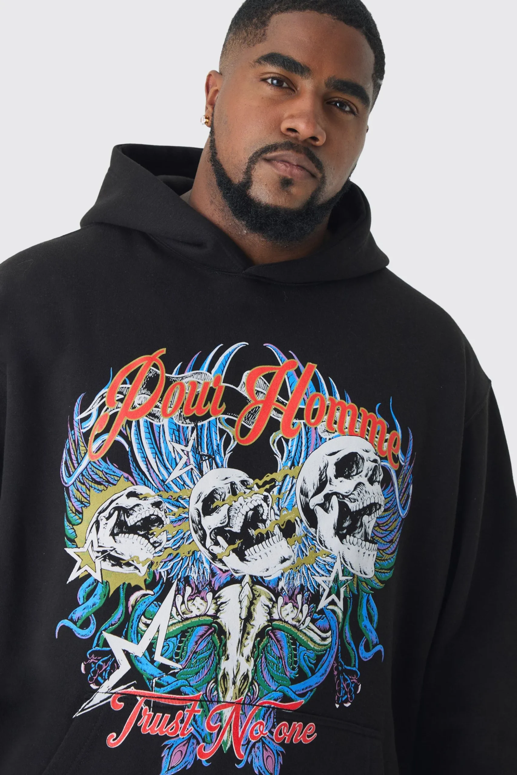 Plus Pour Homme Skull Print Oversized Hoodie | BoohooMAN UK