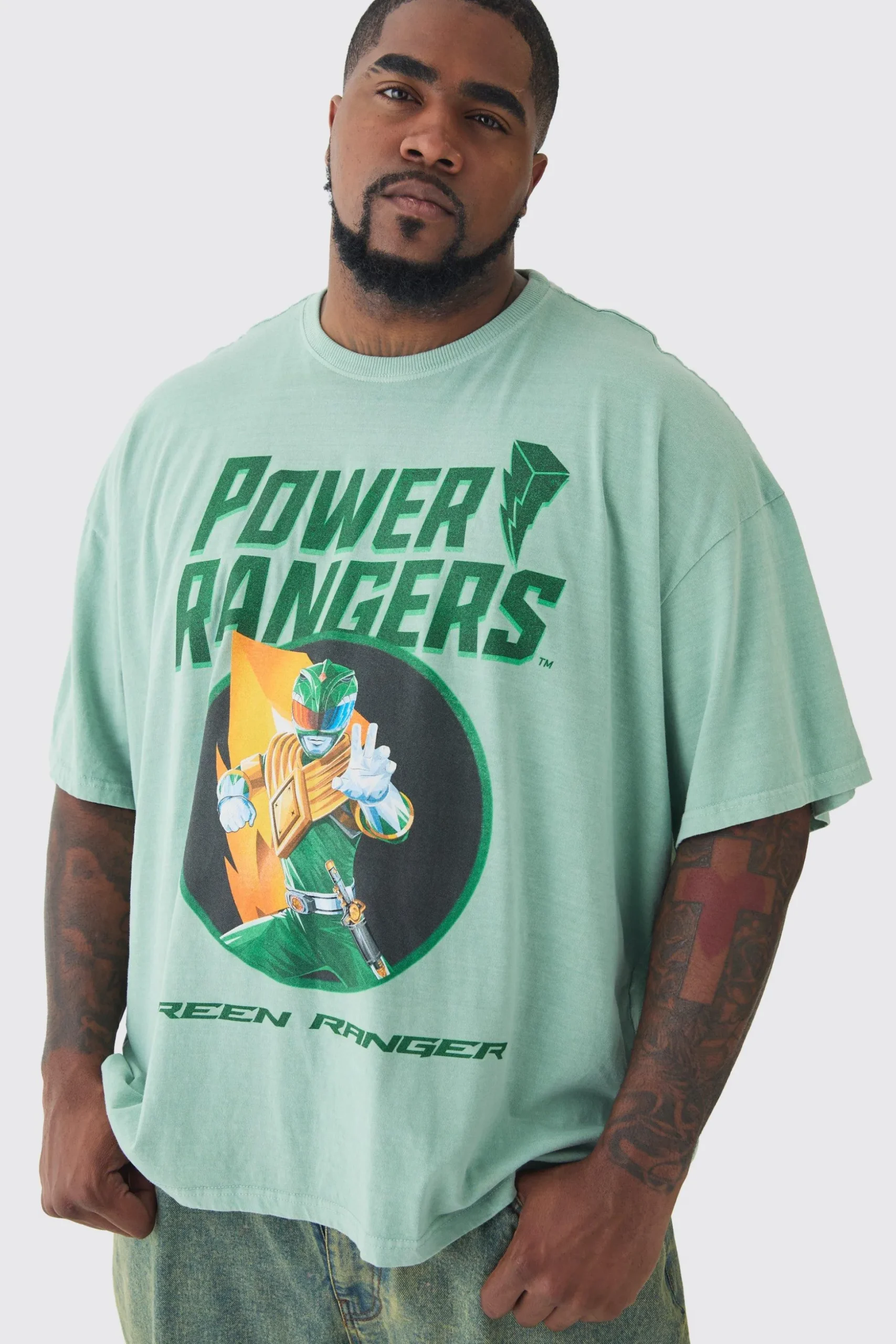 Plus Power Ranger License Print T-shirt In Green | BoohooMAN UK
