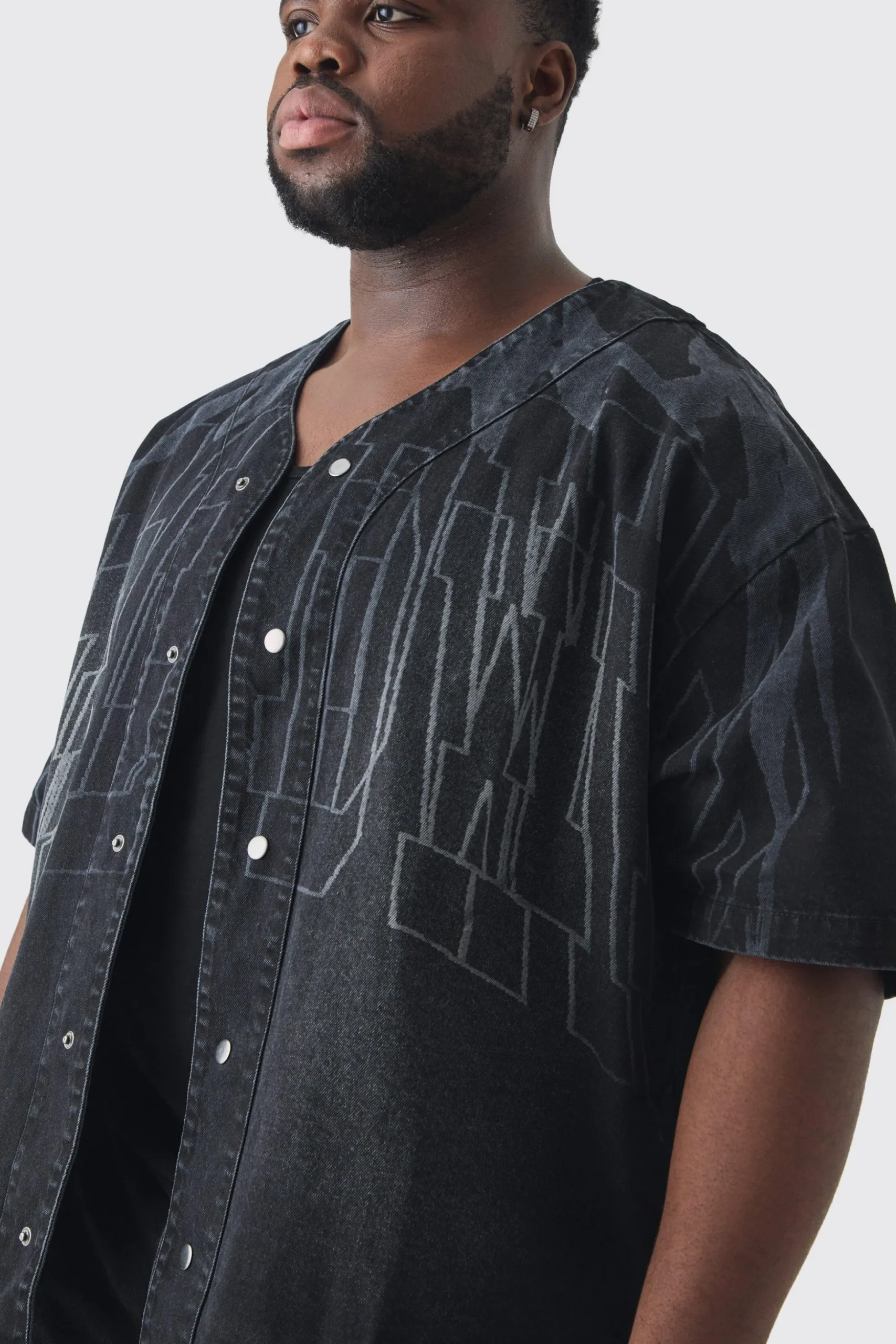 Plus Printed Embroidery Denim Shirt | BoohooMAN UK