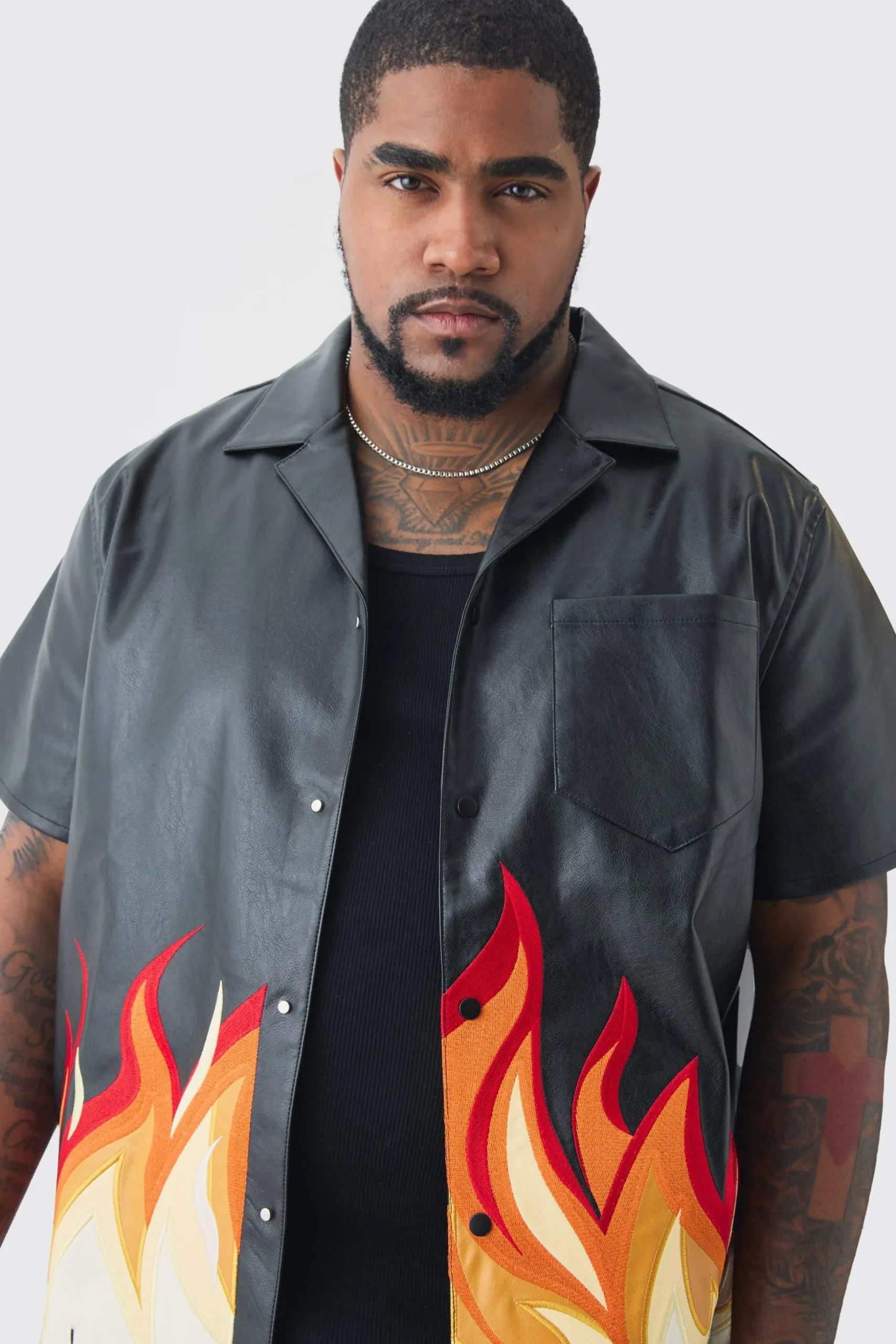 Plus PU Flame Print Shirt | BoohooMAN UK