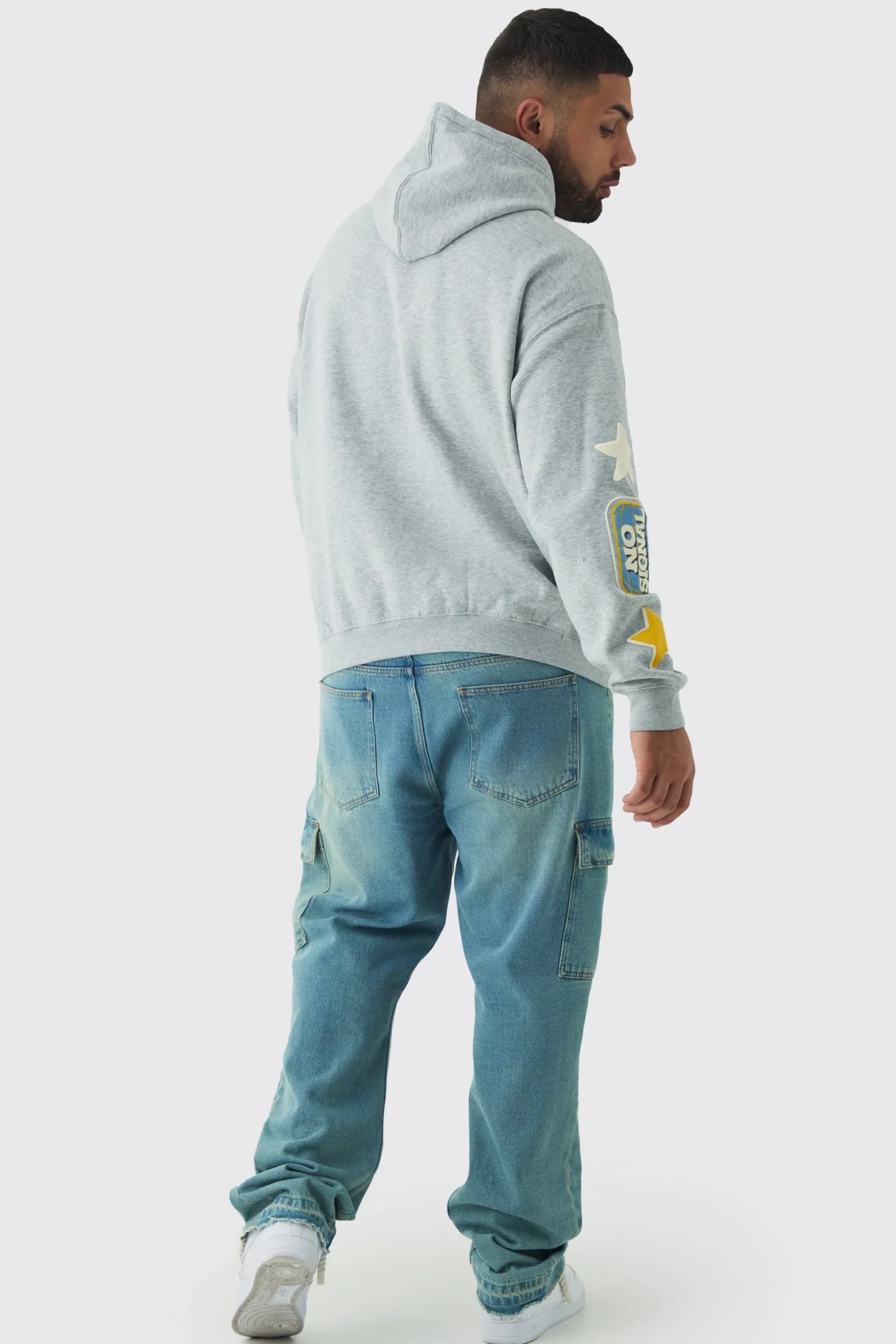 Plus Puff Print Off The Grid Overdyed Hoodie | BoohooMAN UK