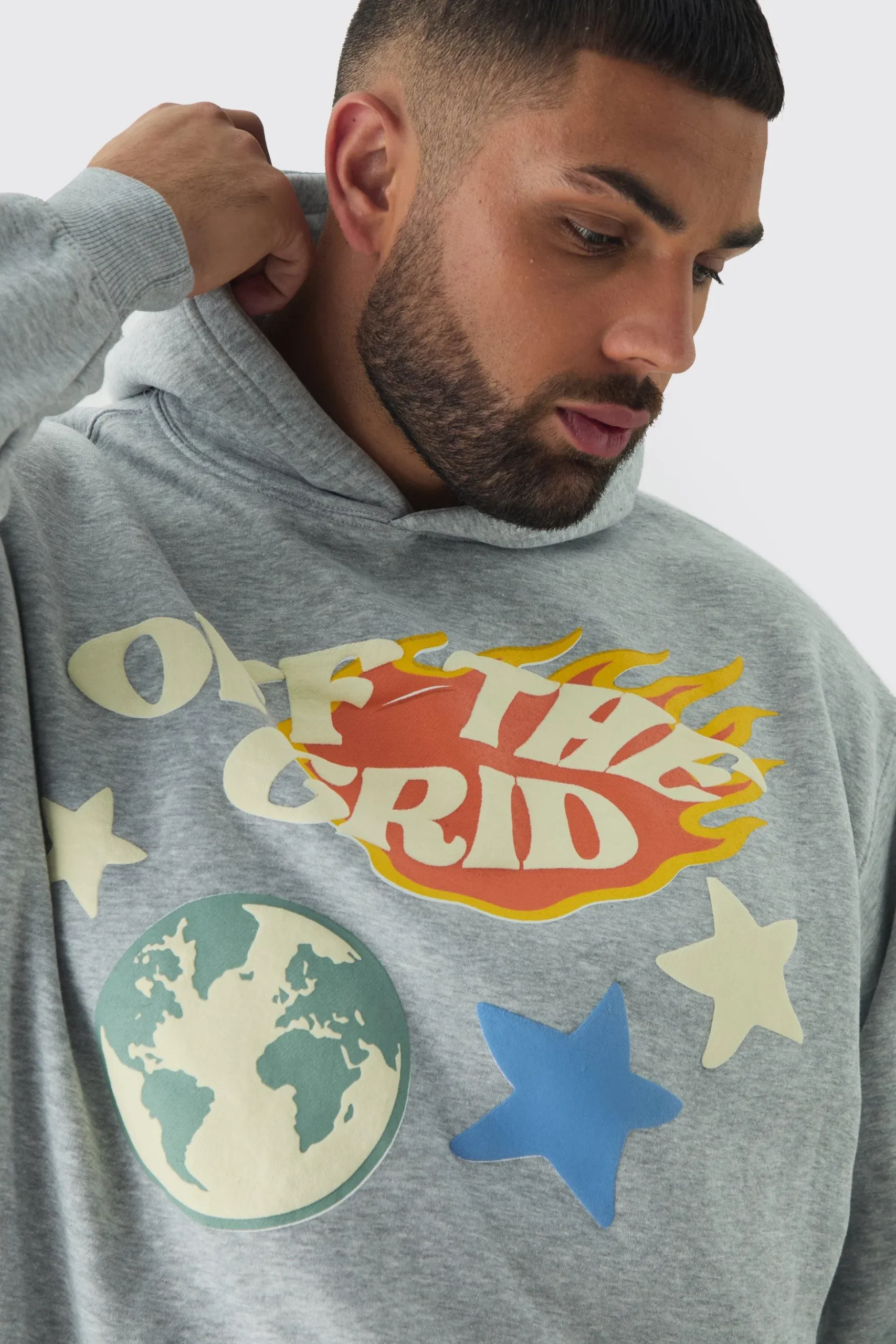 Plus Puff Print Off The Grid Overdyed Hoodie | BoohooMAN UK