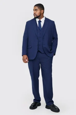 Plus Regular Fit Check Suit Suit In Navy | BoohooMAN UK