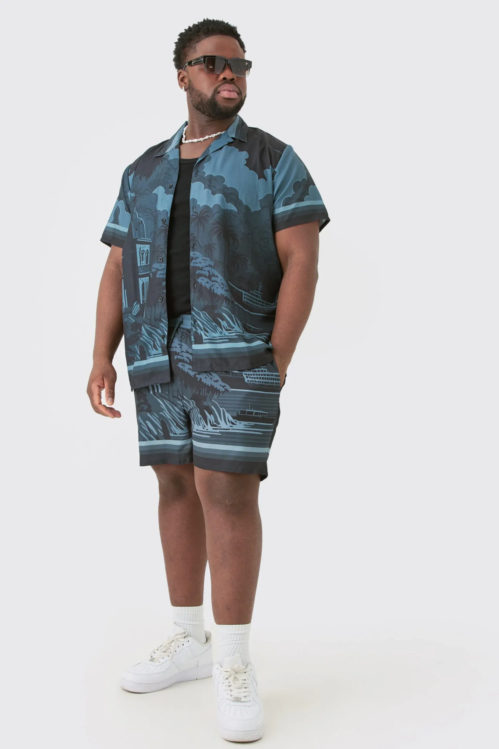 Plus Regular Landscape Grayscale Print Shirt & Swim Short Set | BoohooMAN UK