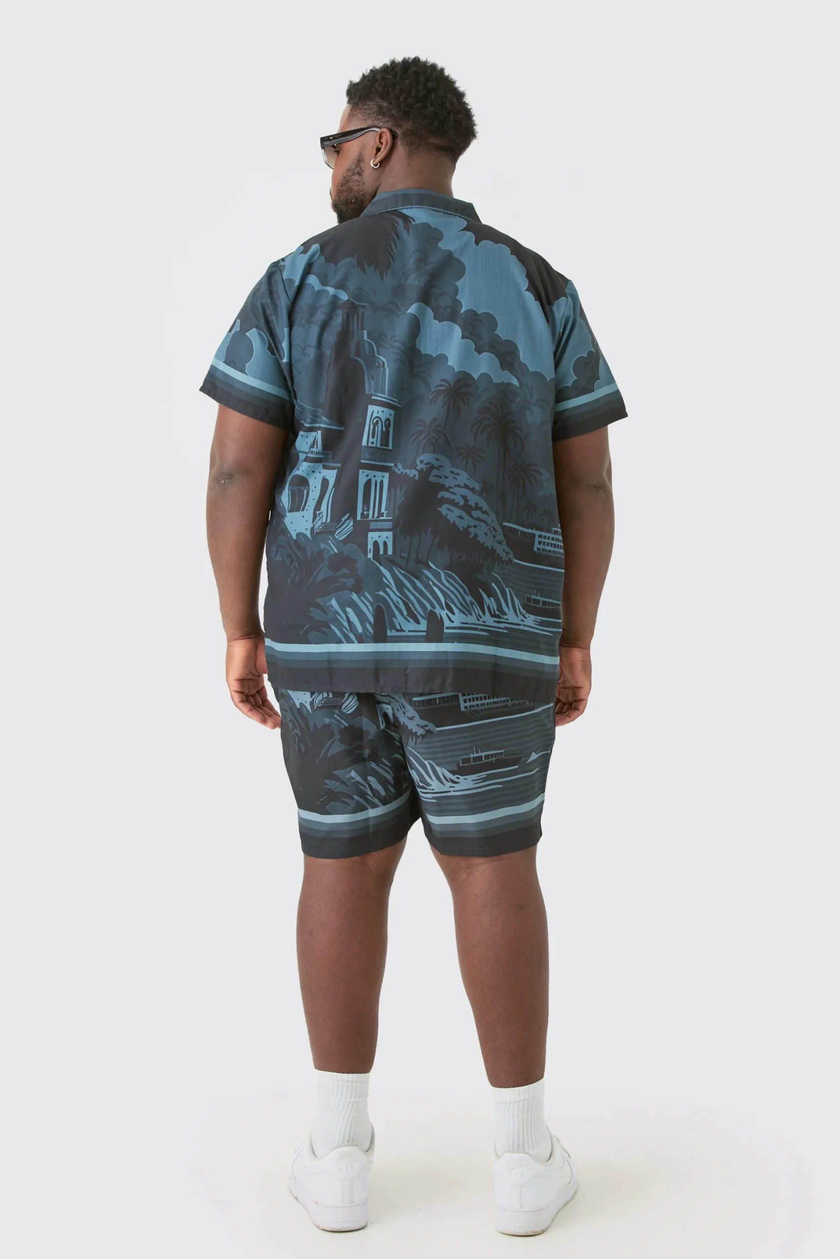 Plus Regular Landscape Grayscale Print Shirt & Swim Short Set | BoohooMAN UK