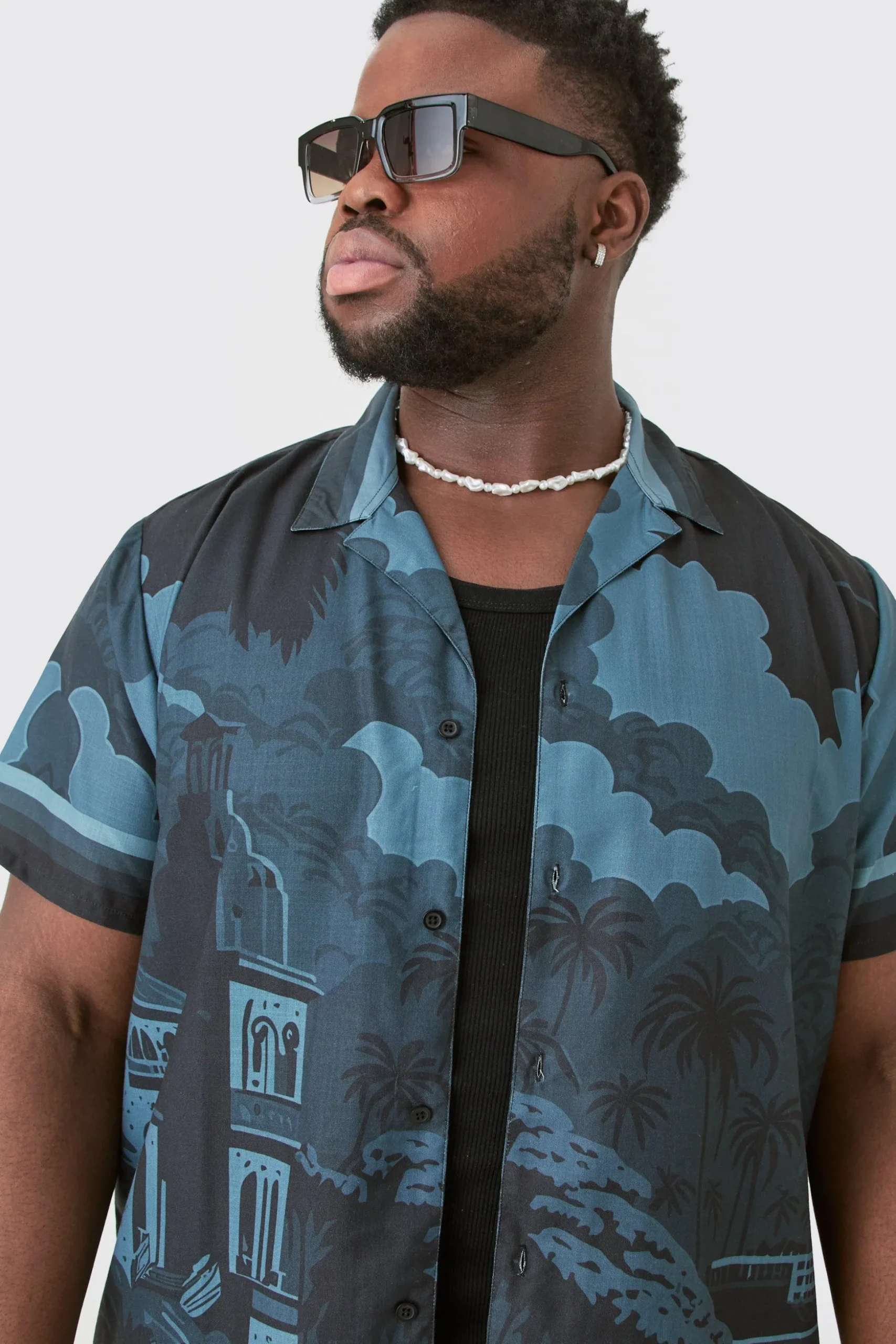 Plus Regular Landscape Grayscale Print Shirt & Swim Short Set | BoohooMAN UK