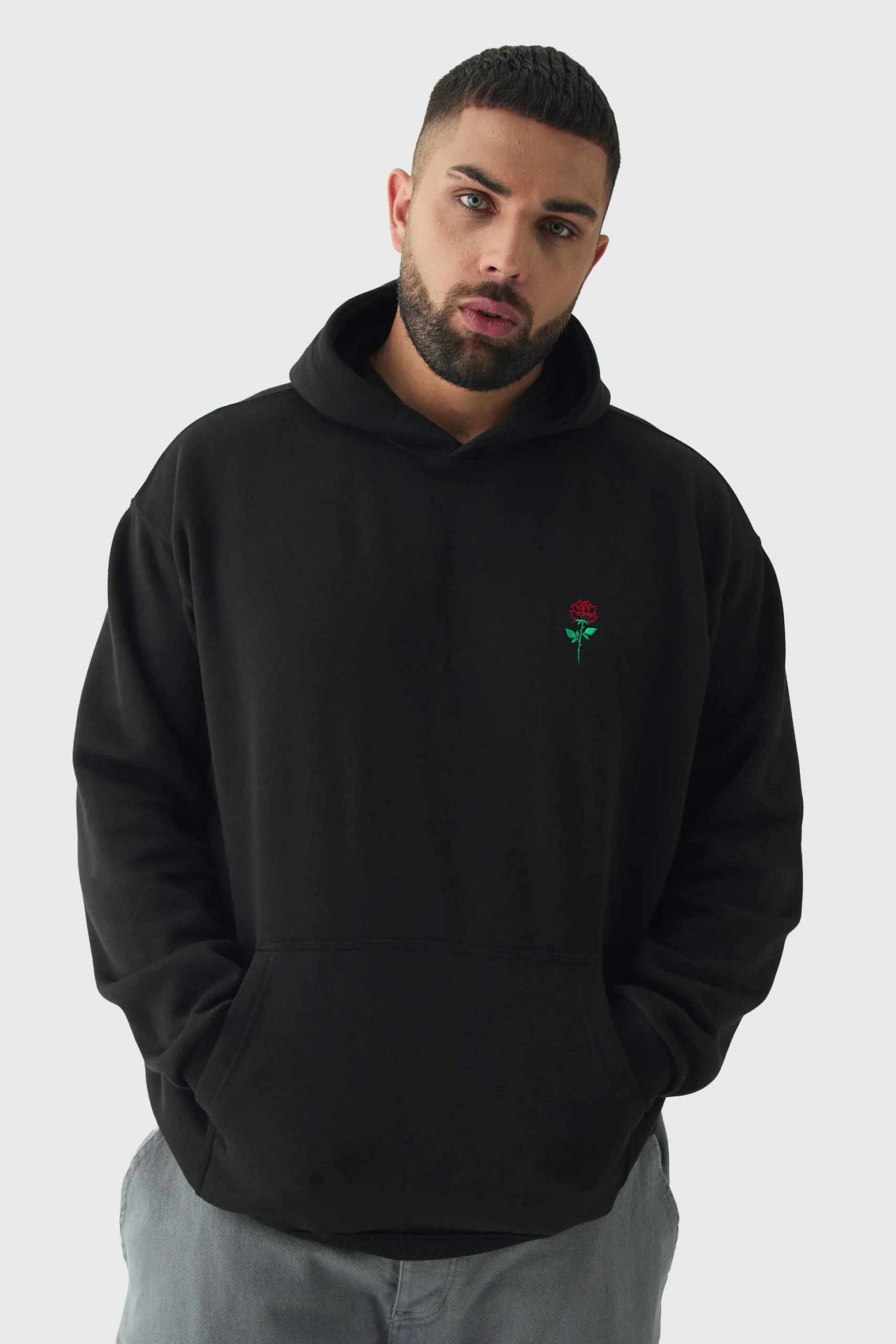 Plus Rose Embroidered Hoodie | BoohooMAN UK