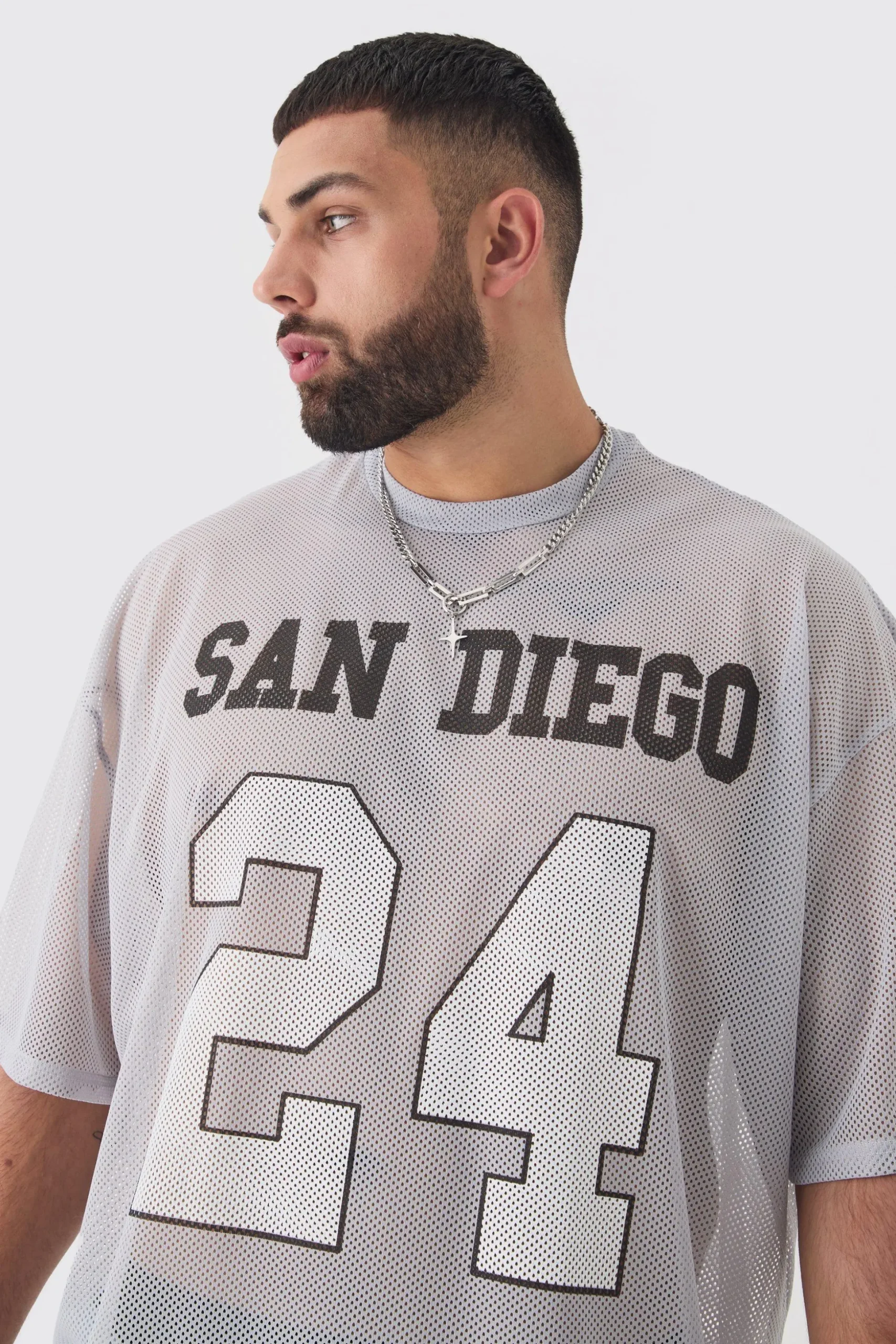 Plus San Diego Printed Varsity Mesh Basketball T-shirt In Blue | BoohooMAN UK