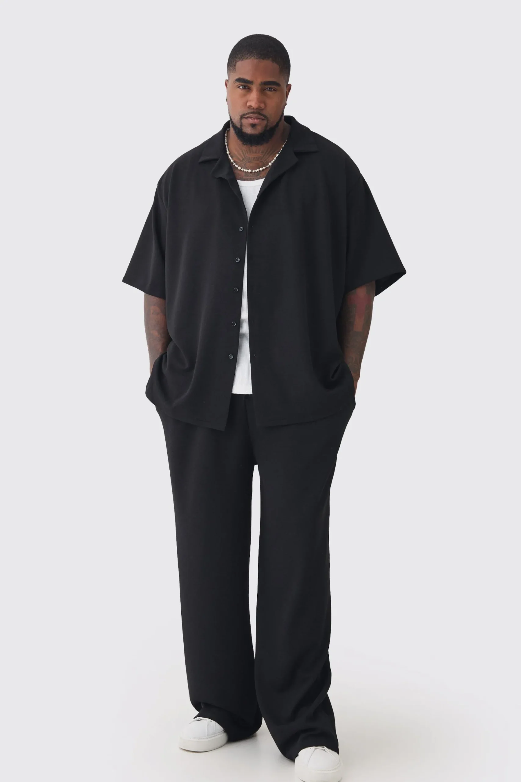 Plus Scuba Twill Oversized Shirt & Trouser Set | BoohooMAN UK