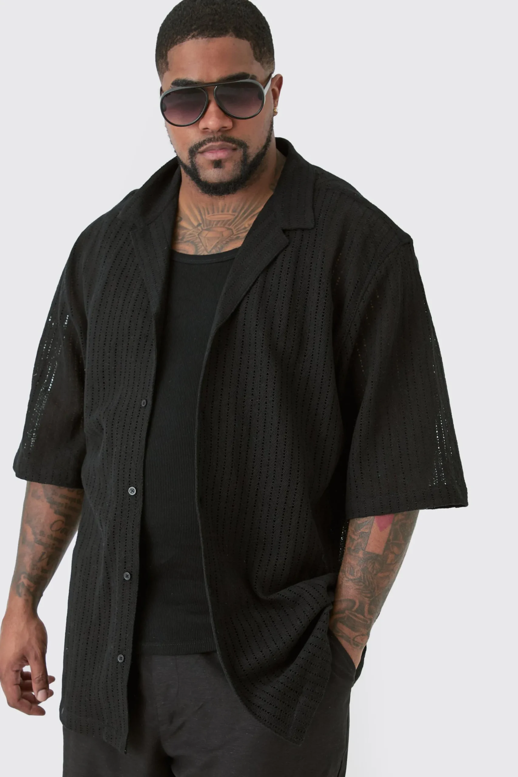 Plus Short Sleeve Drop Revere Open Weave Shirt | BoohooMAN UK