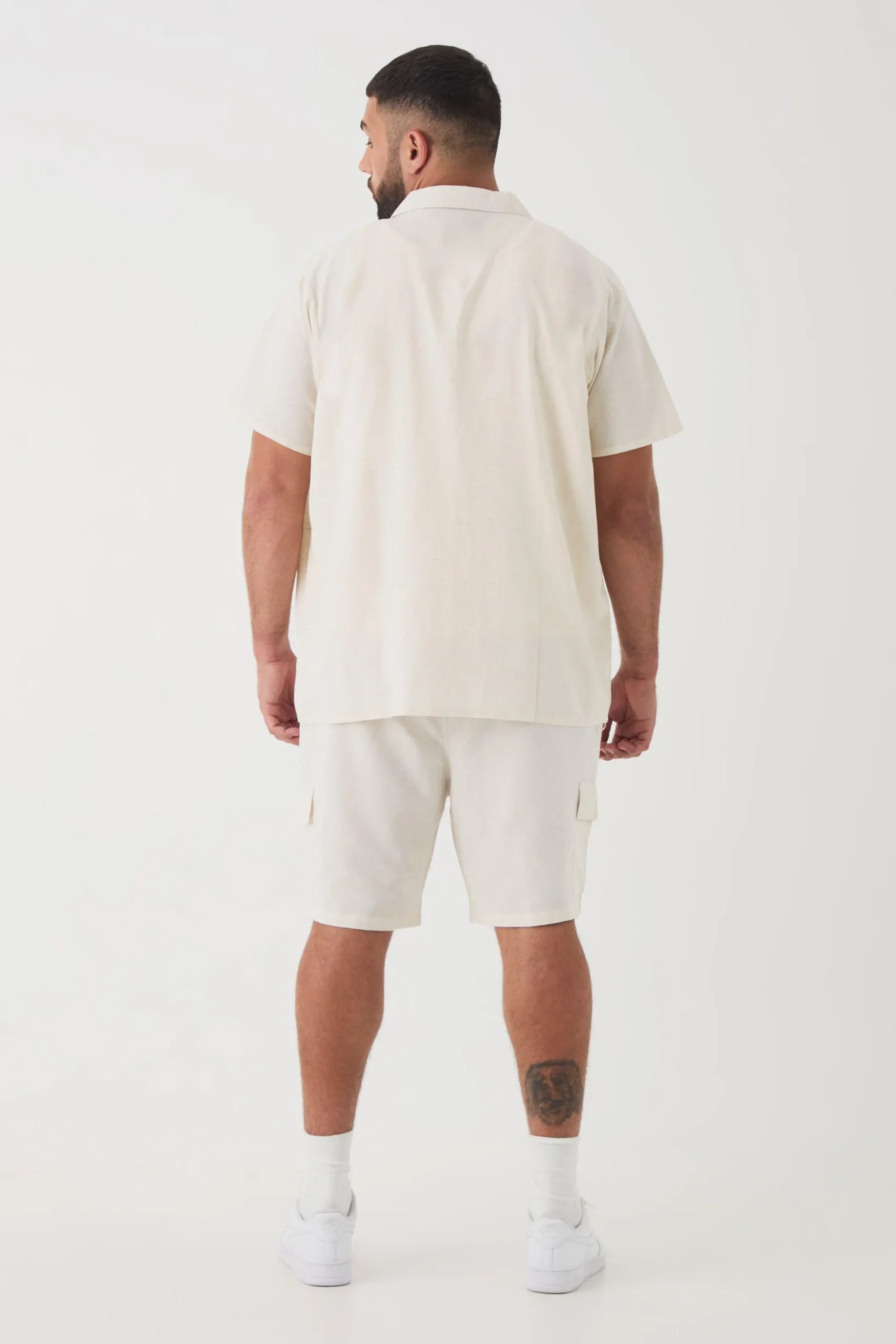Plus Short Sleeve Linen Cargo Shirt & Short Set In Natural | BoohooMAN UK