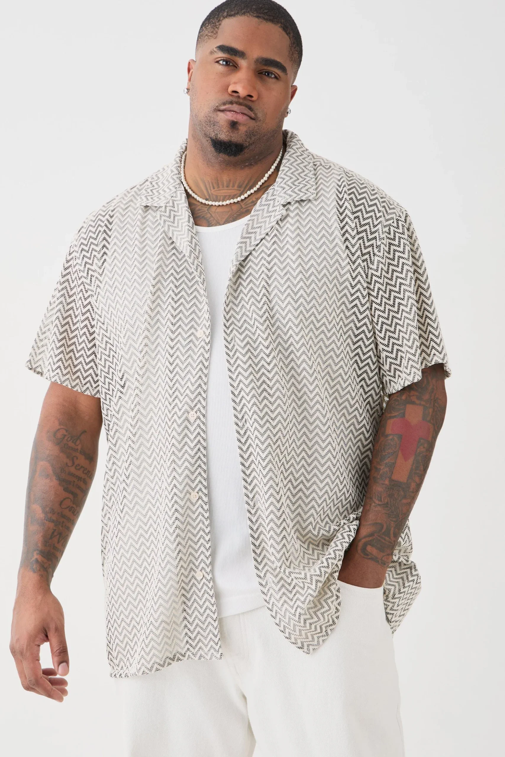 Plus Short Sleeve Oversized Revere Abstract Open Weave Shirt | BoohooMAN UK
