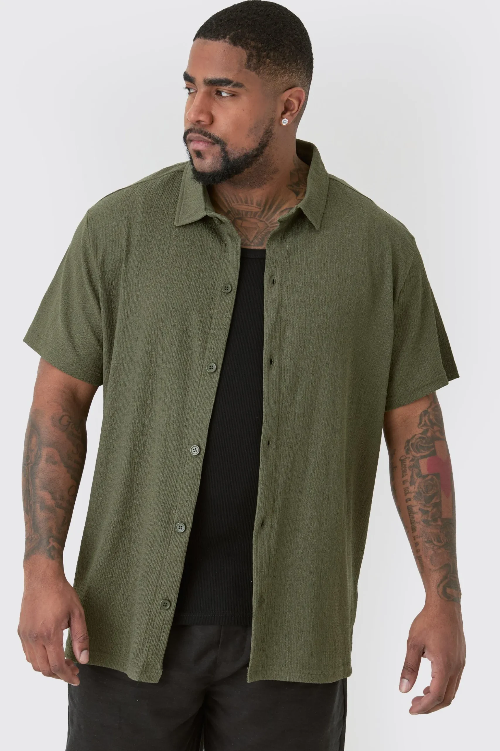 Plus Short Sleeve Regular Textured Shirt In Khaki | BoohooMAN UK
