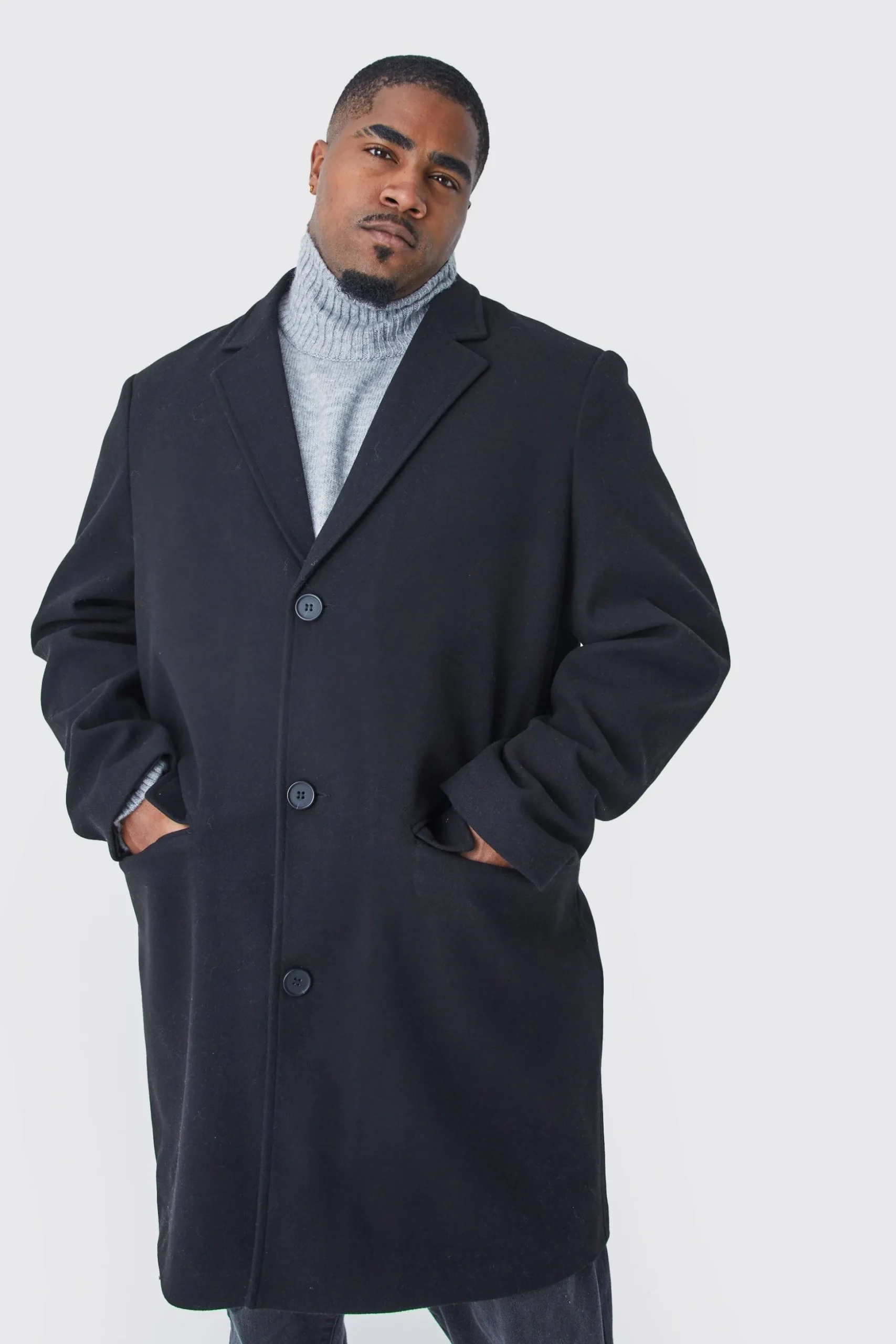 Plus Single Breasted Wool Look Overcoat In Black | BoohooMAN UK