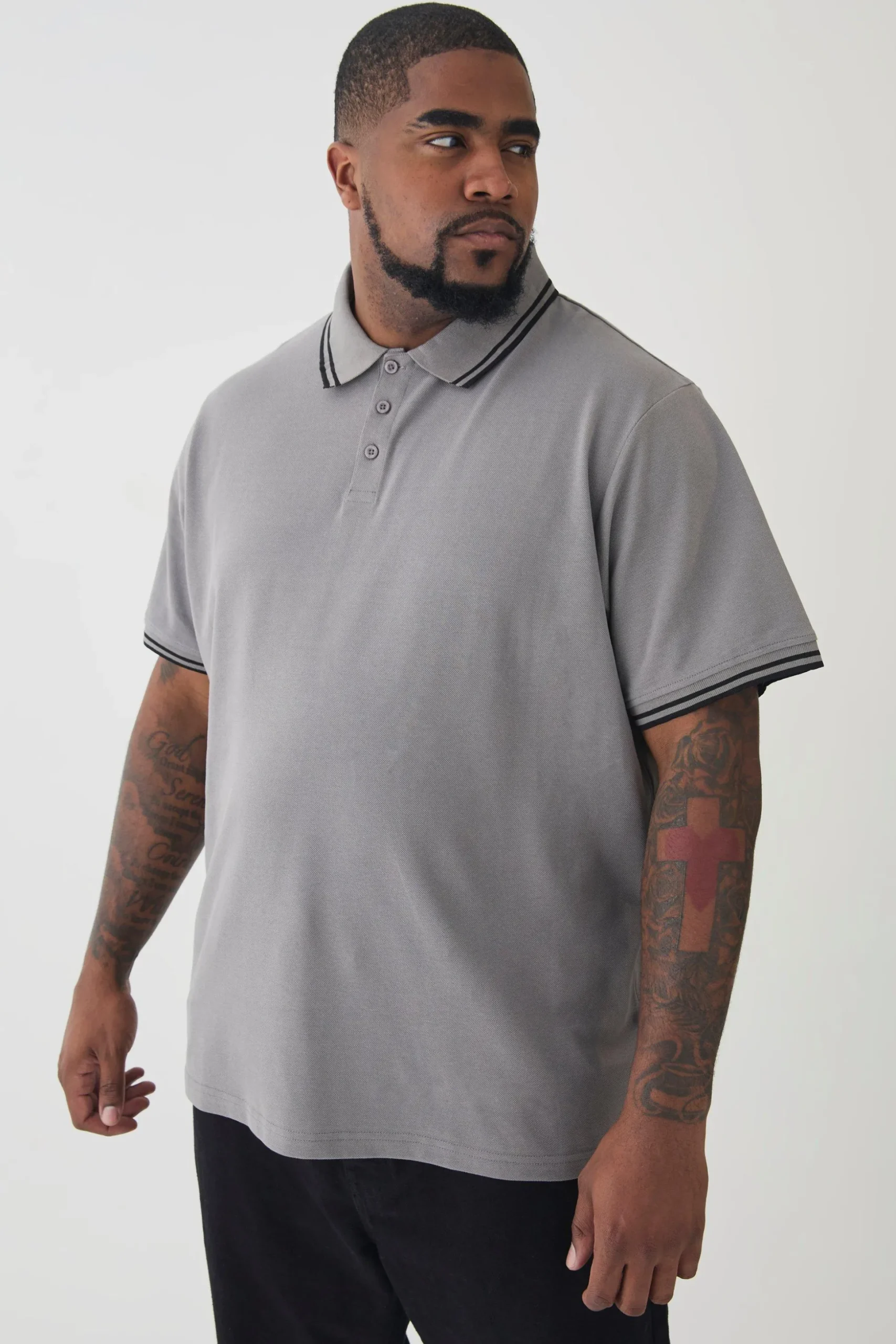 Plus Slim Tipped Pique Polo In Slate Grey | BoohooMAN UK