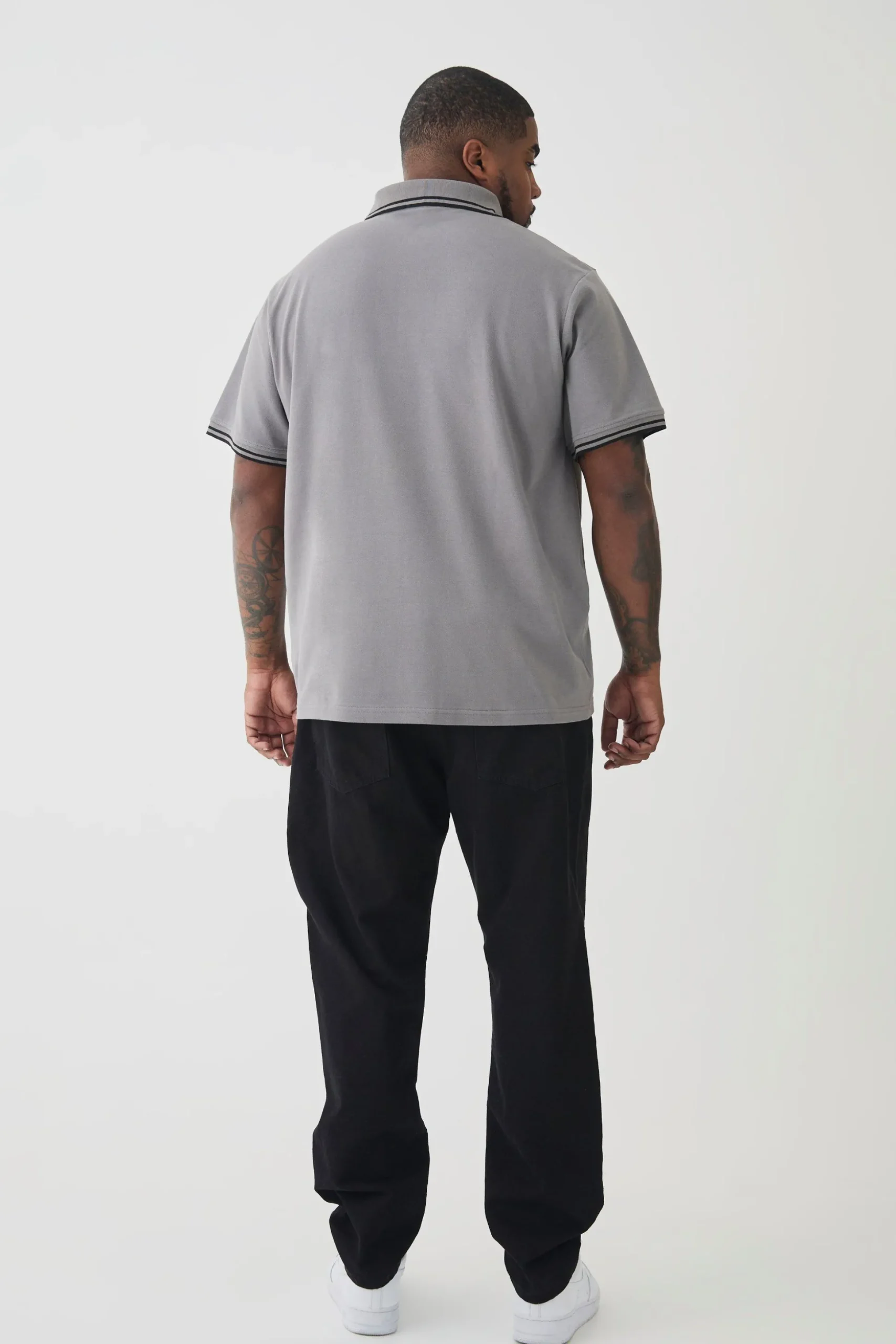 Plus Slim Tipped Pique Polo In Slate Grey | BoohooMAN UK