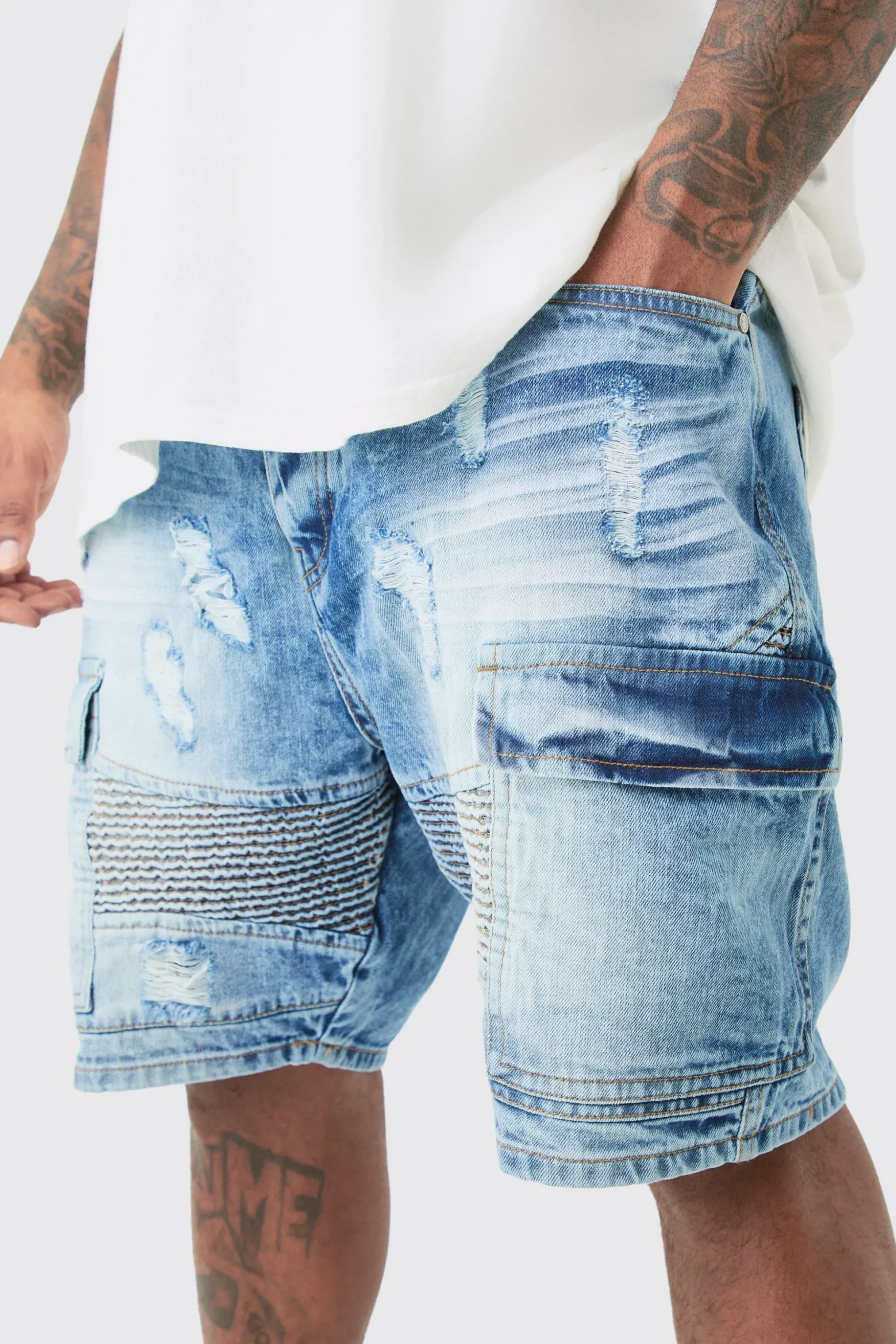 Plus Straight Fit Biker Denim Shorts | BoohooMAN UK