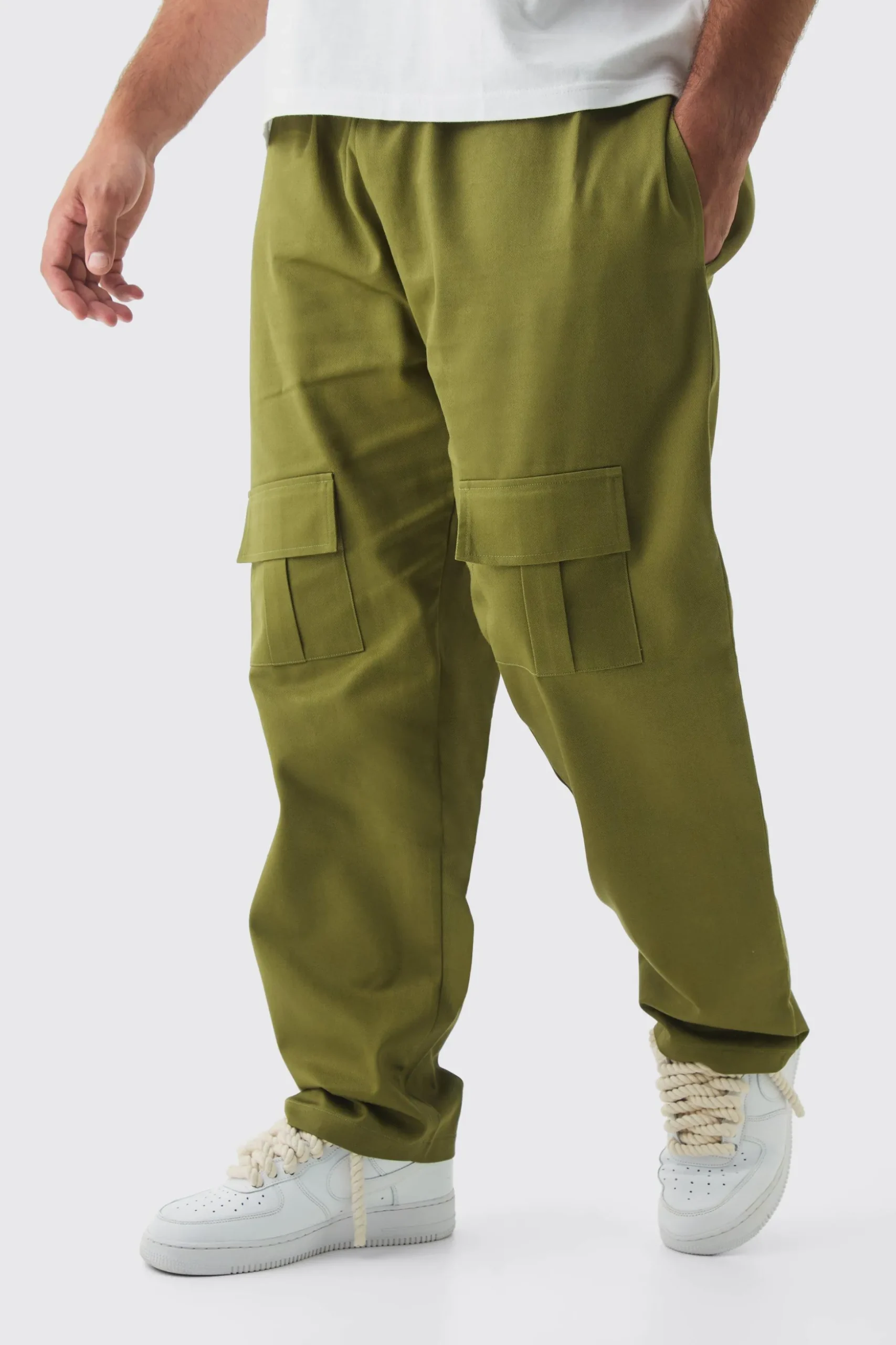 Plus Straight Fit Front Pocket Twill Overdyed Cargo Trouser | BoohooMAN UK