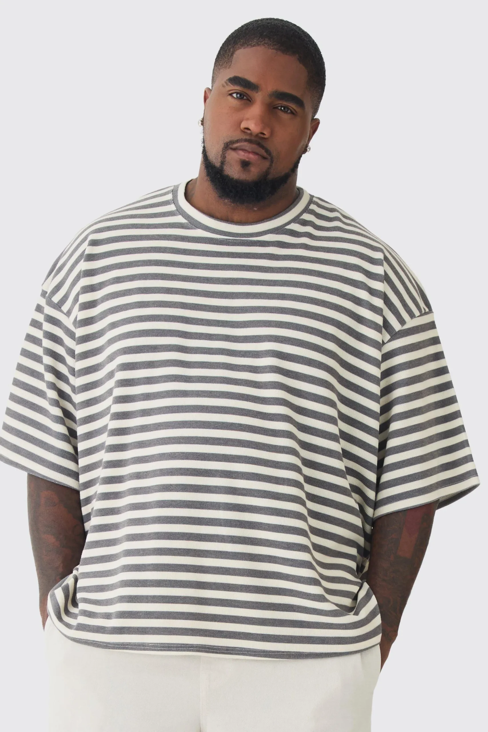Plus Stripe Compact Rib Boxy Oversized T-Shirt | BoohooMAN UK
