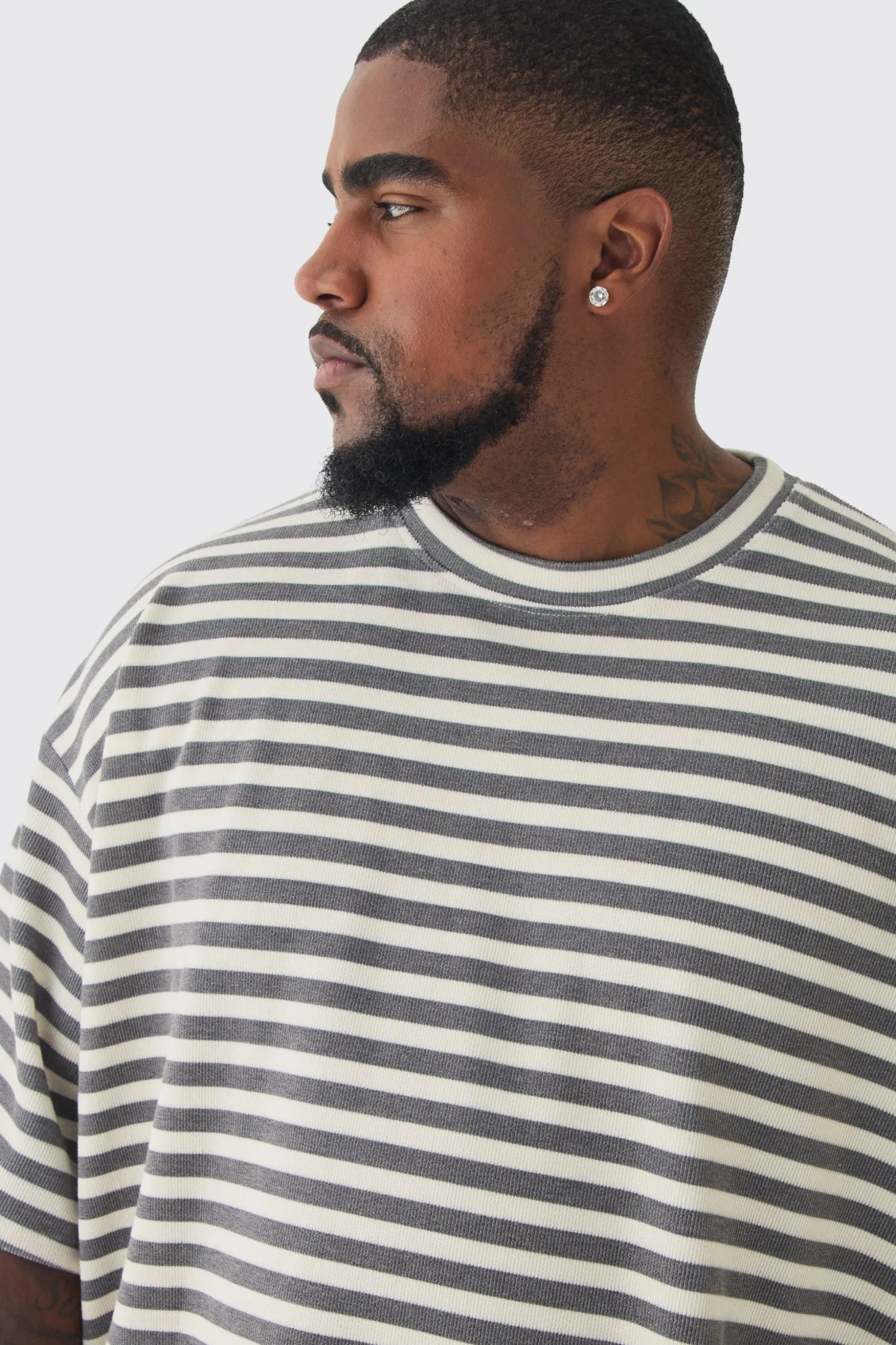 Plus Stripe Compact Rib Boxy Oversized T-Shirt | BoohooMAN UK
