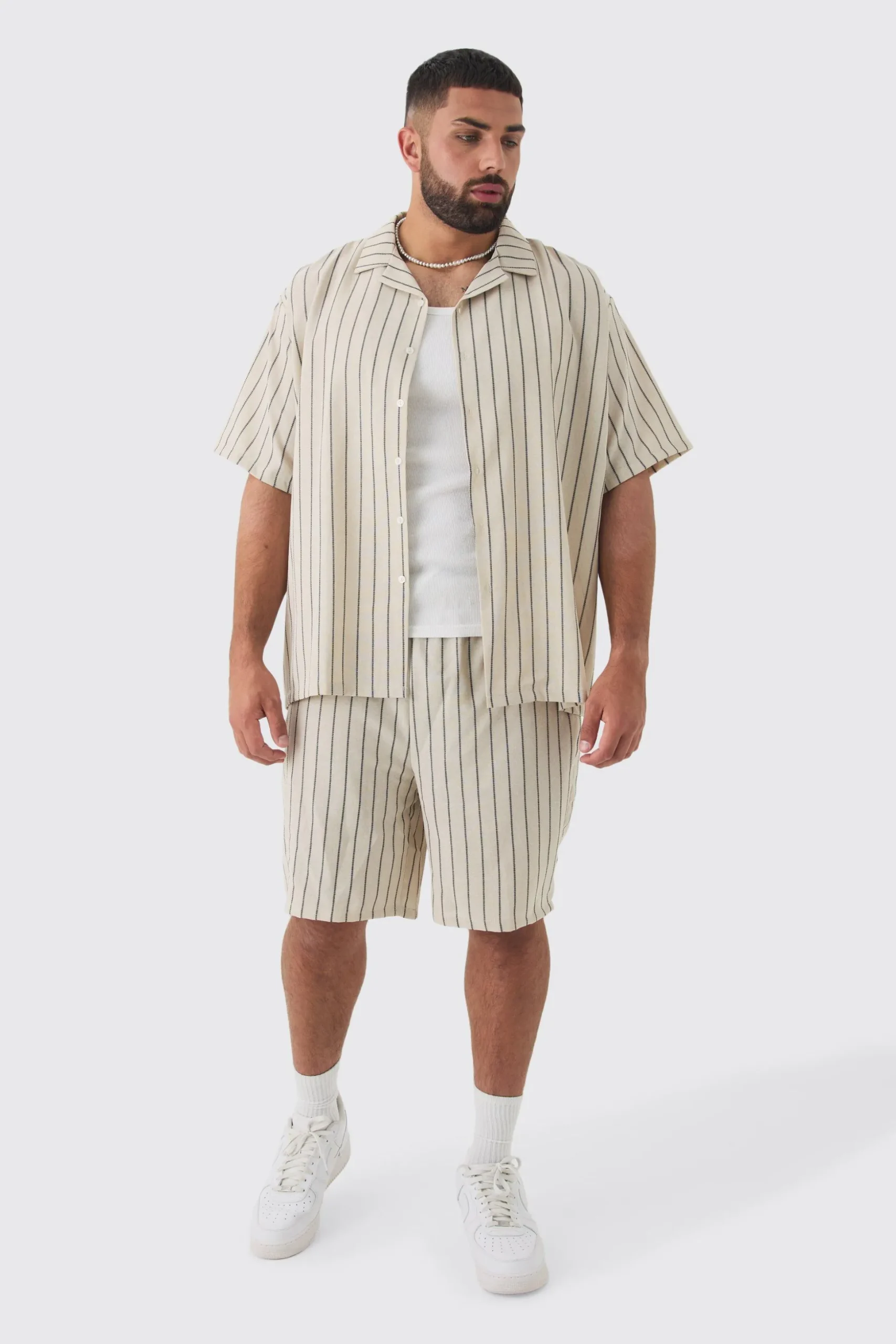 Plus Stripe Linen Revere Collar Shirt & Short Set | BoohooMAN UK