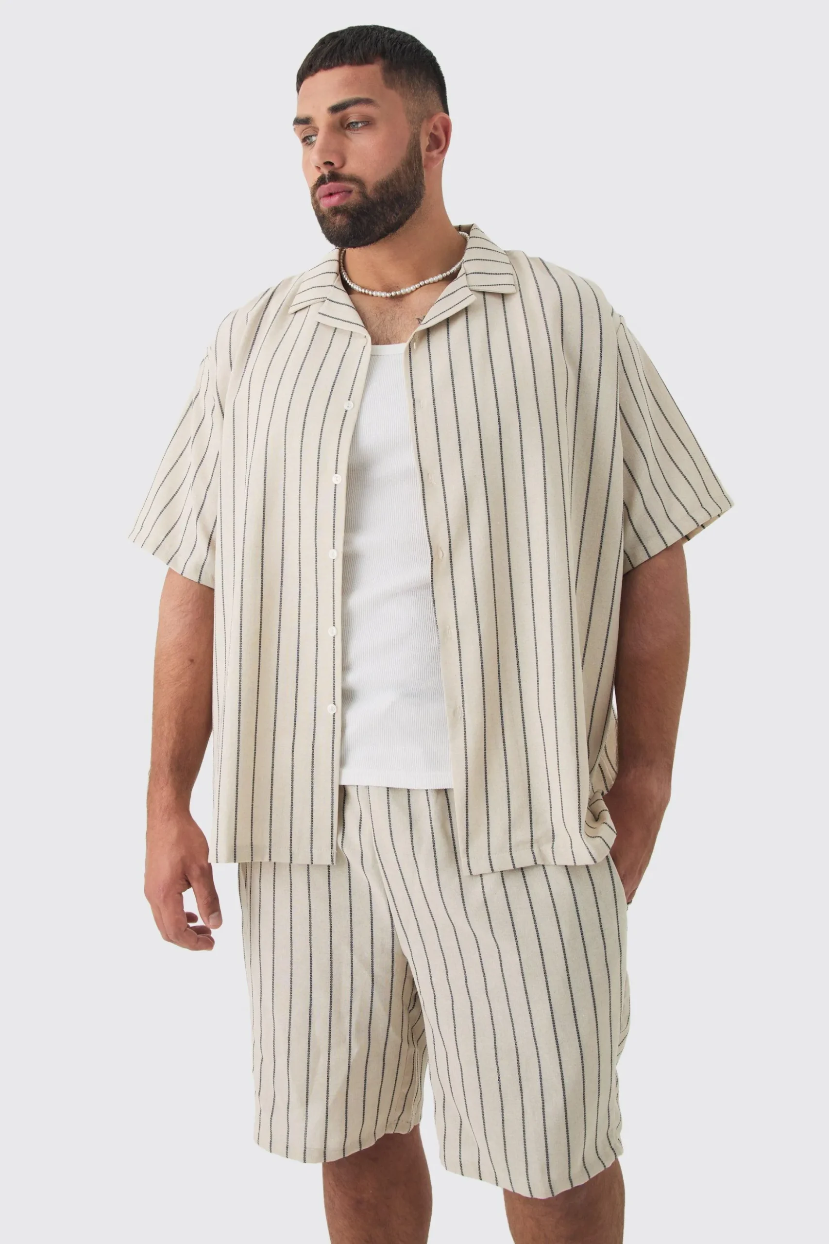 Plus Stripe Linen Revere Collar Shirt & Short Set | BoohooMAN UK