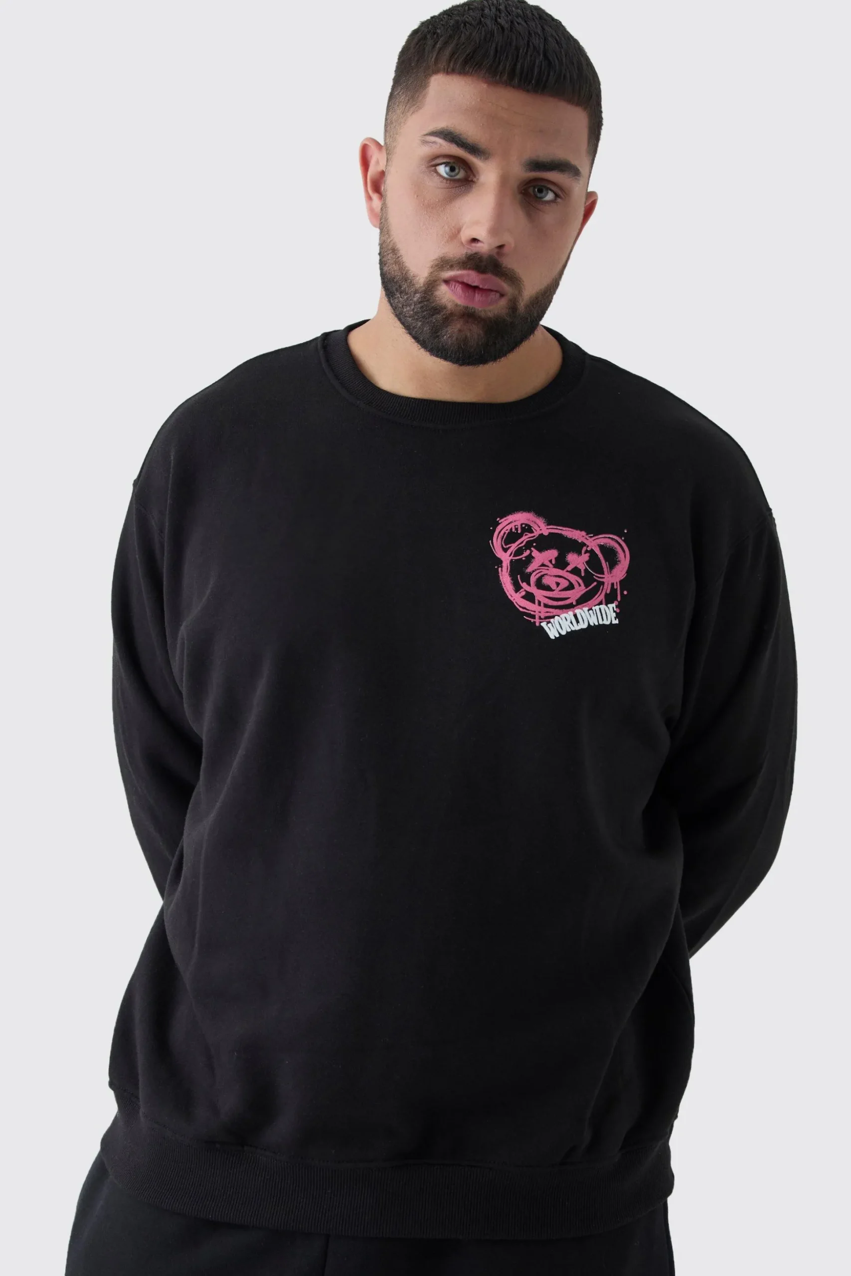 Plus Teddy Back Print Oversized Sweatshirt | BoohooMAN UK