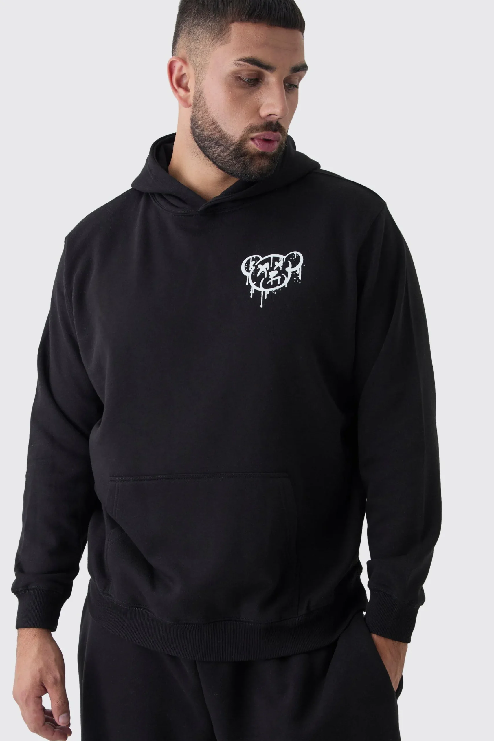 Plus Teddy Puff Print Hoodie | BoohooMAN UK