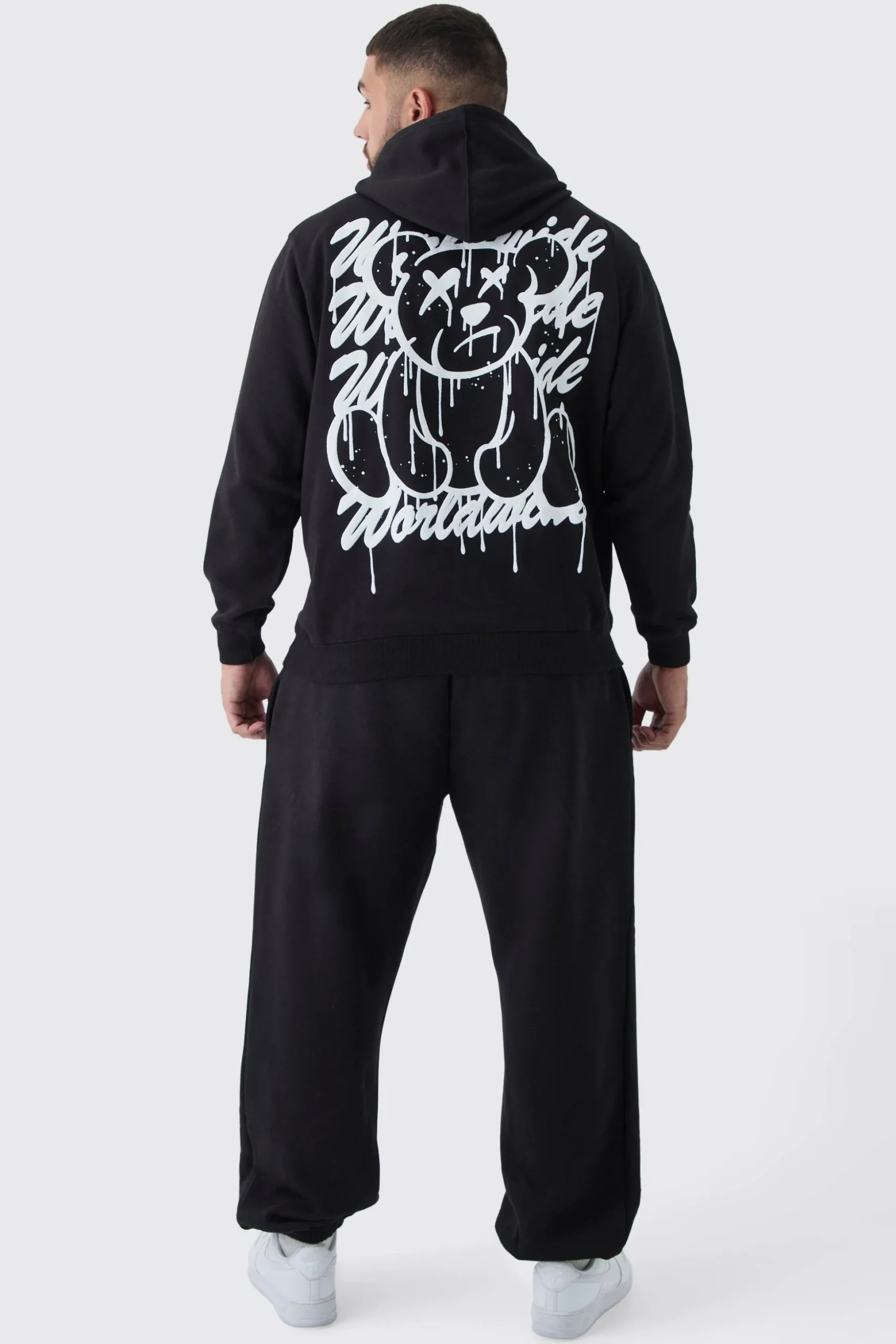 Plus Teddy Puff Print Hoodie | BoohooMAN UK