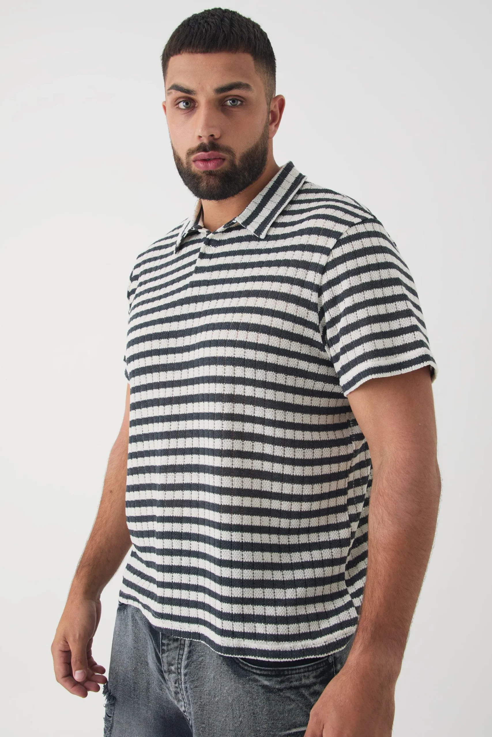 Plus Textured Stripe Polo | BoohooMAN UK