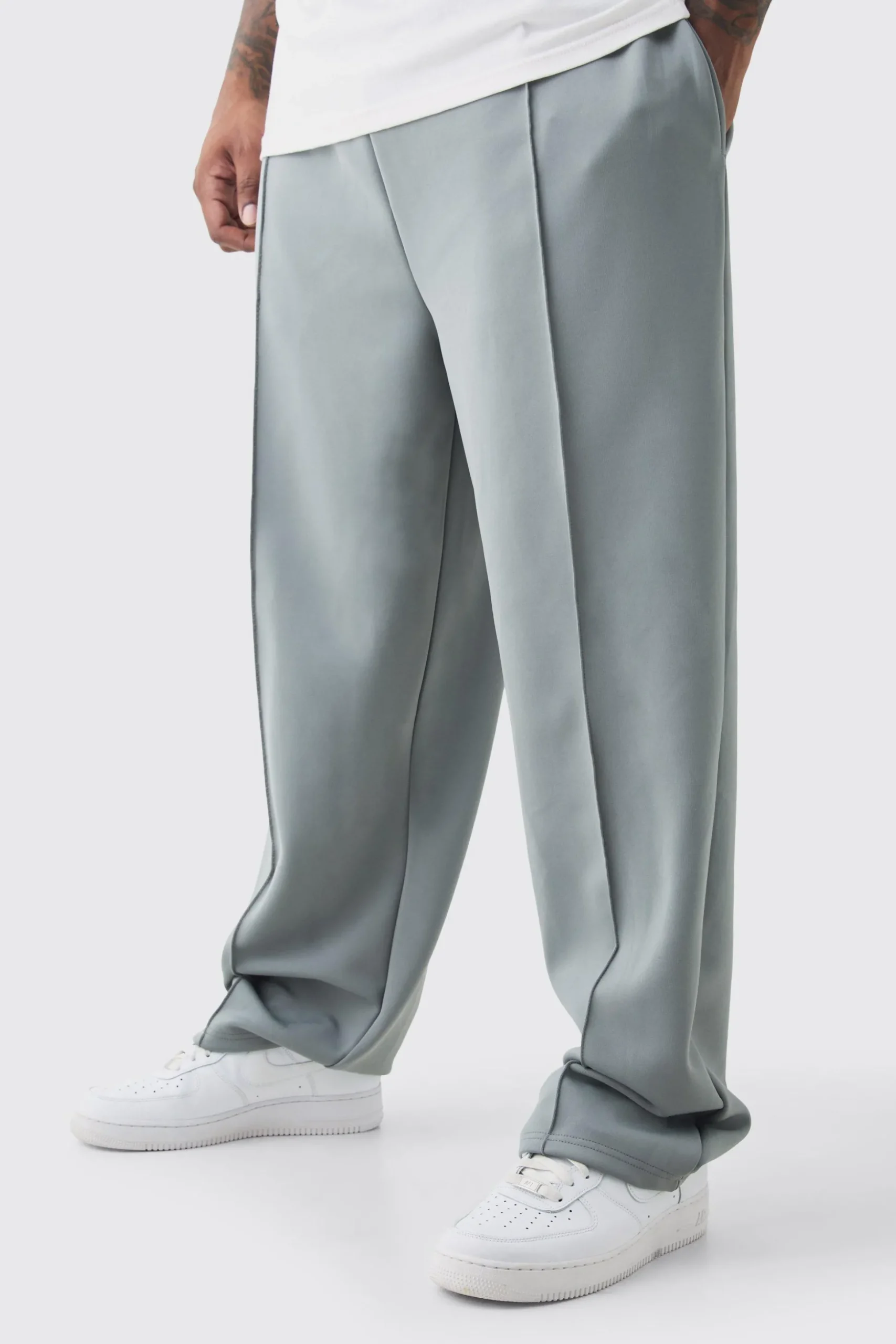Plus Tricot Pin Tuck Relaxed Fit Trousers | BoohooMAN UK