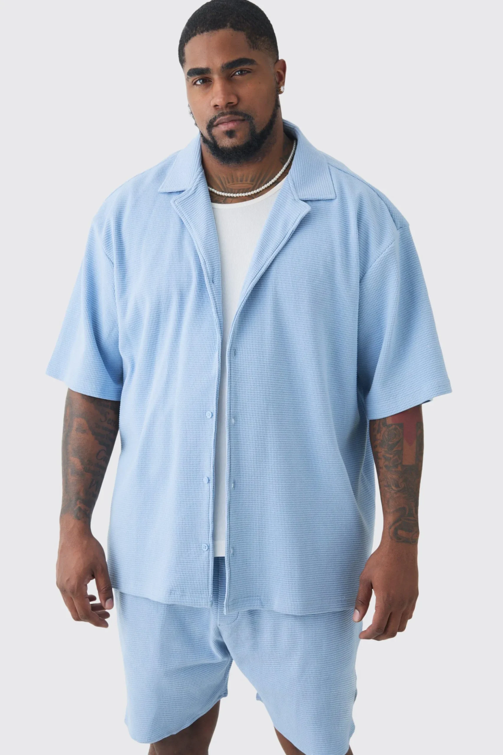 Plus Waffle Short Sleeve Shirt And Short Set | BoohooMAN UK