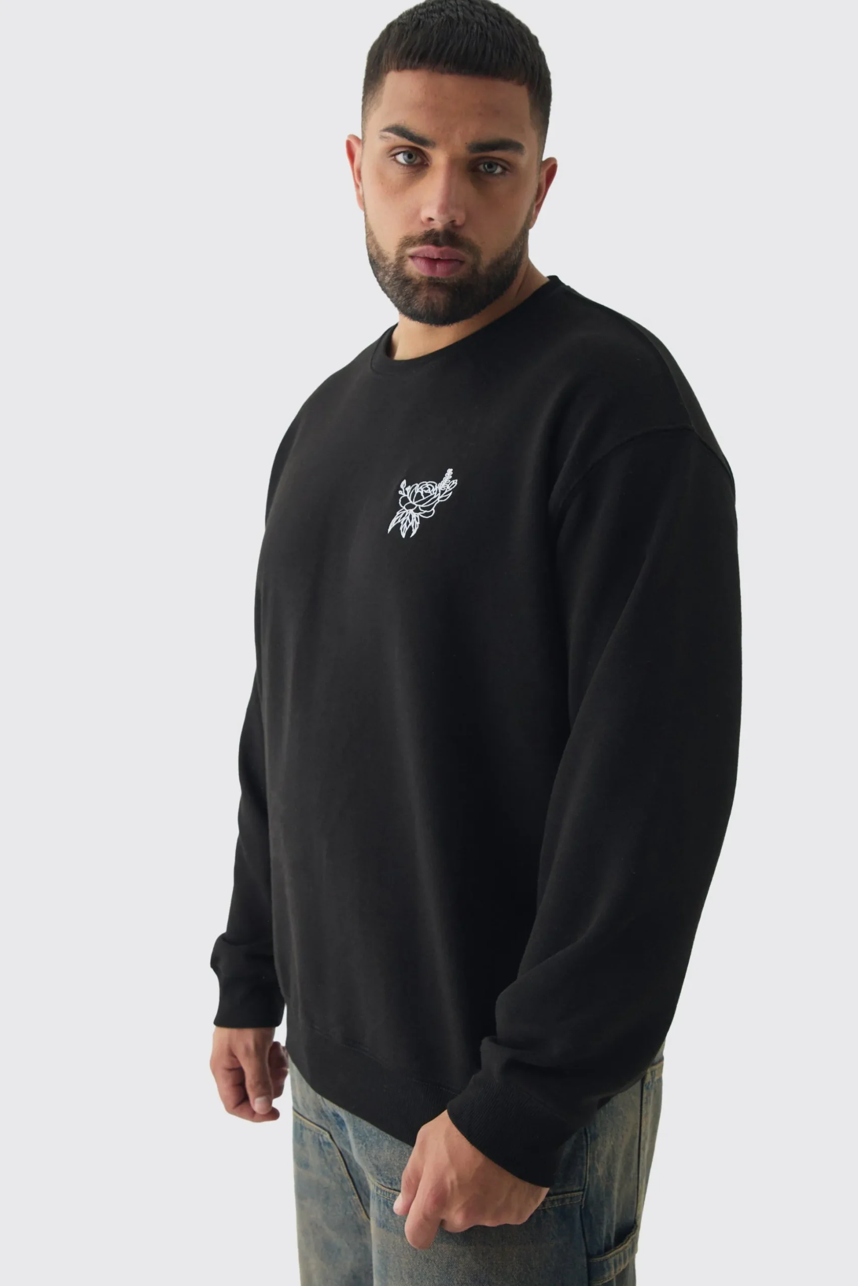Plus Washed Floral Embroidered Sweatshirt | BoohooMAN UK