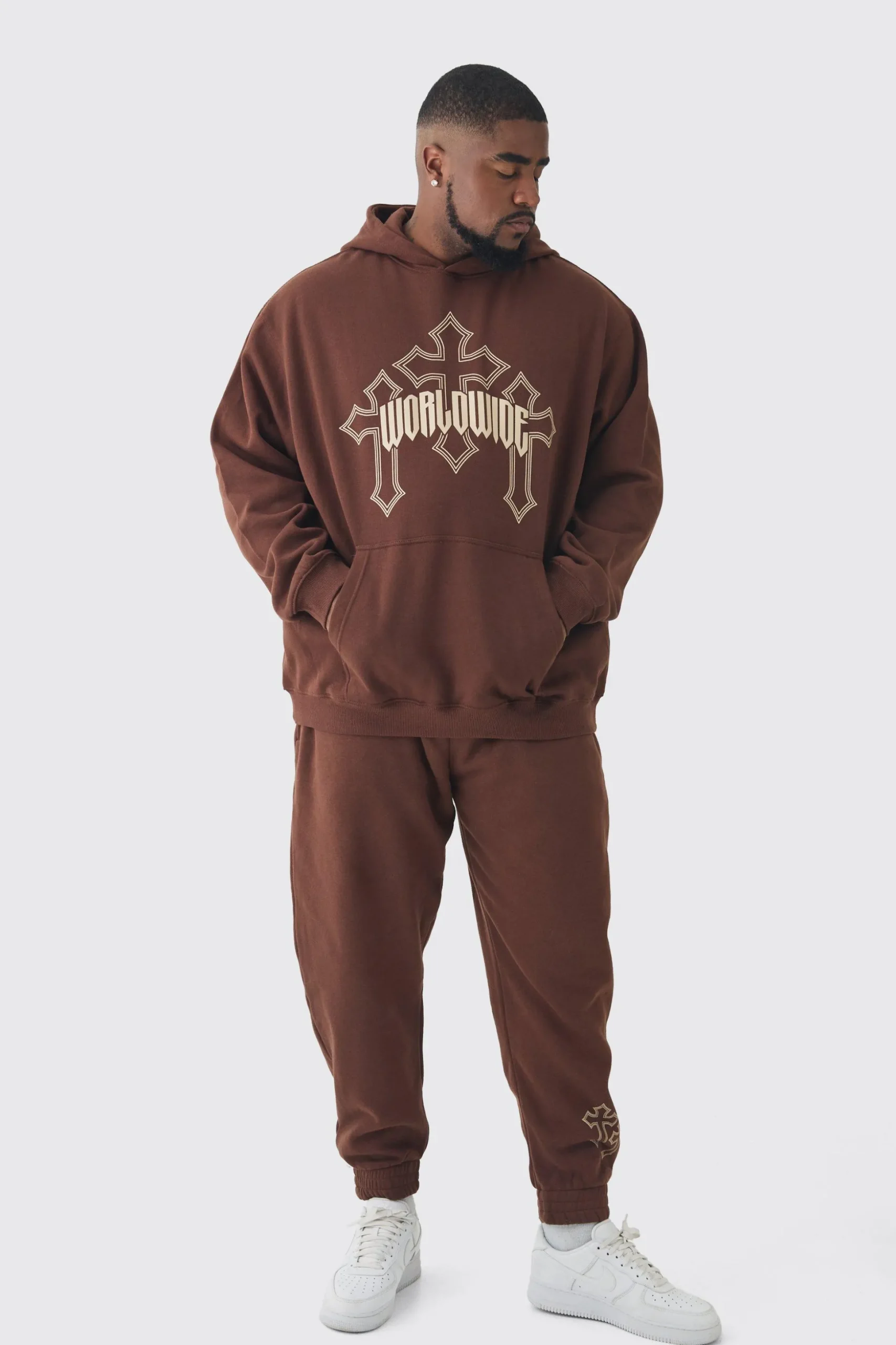 Plus Worldwide Gothic Cross Hoodie & Relaxed Fit Jogger Tracksuit | BoohooMAN UK