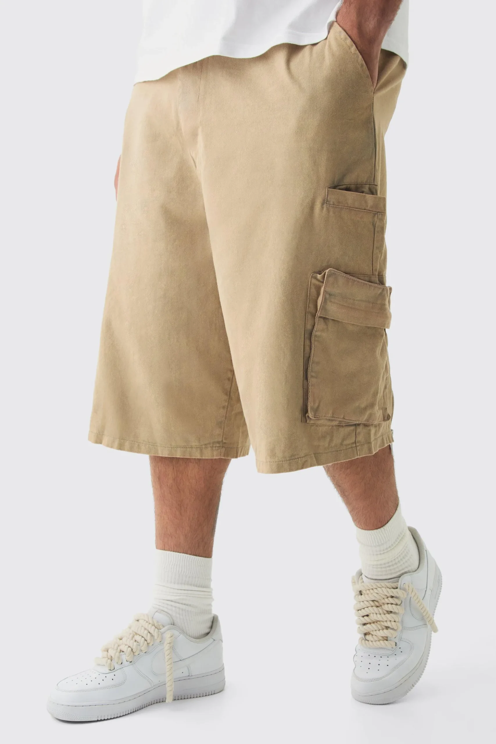 Plus Zip Detail Acid Wash Twill Jorts | BoohooMAN UK