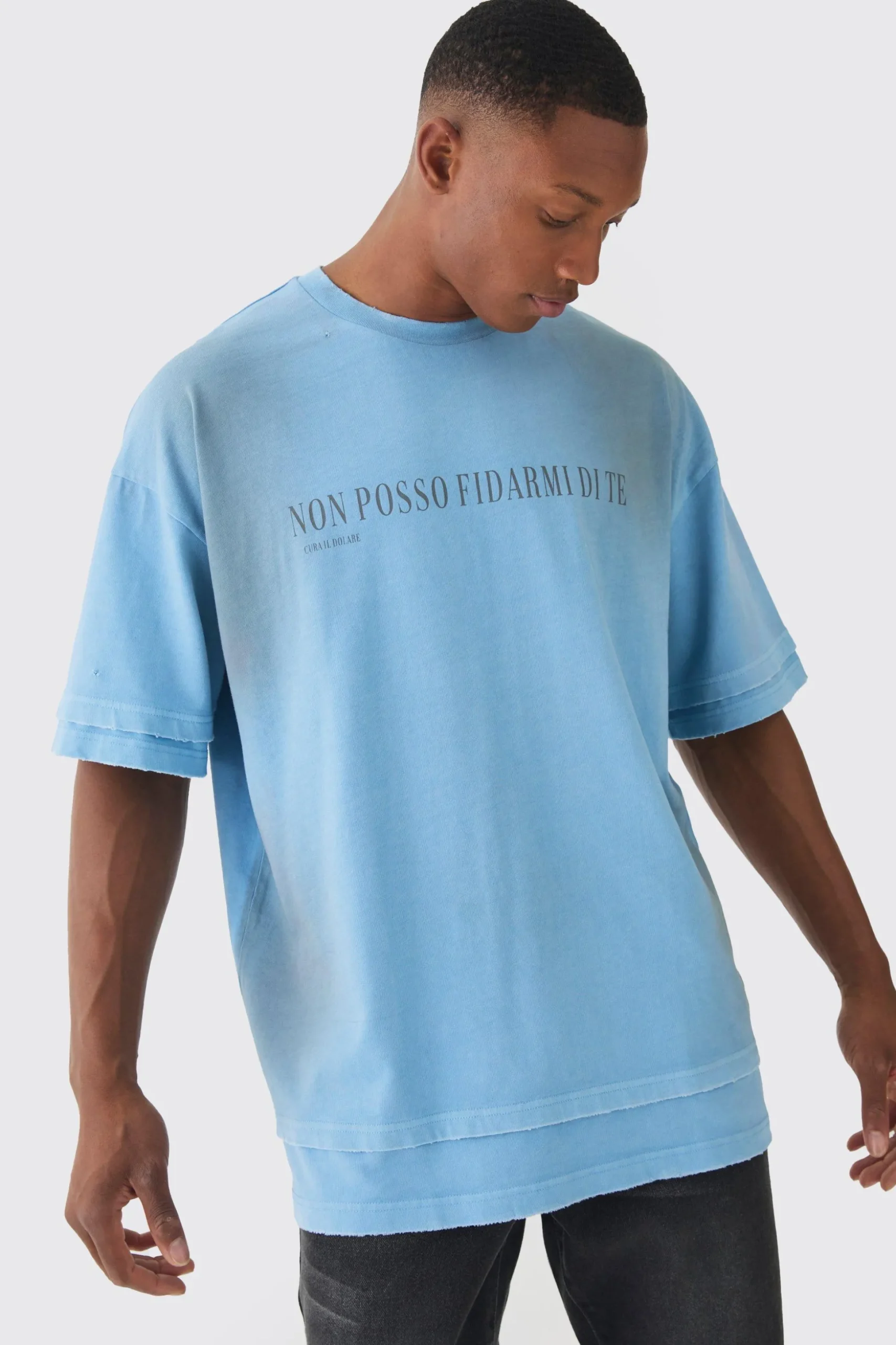 Premium Oversized Faux Layer Washed & Embroidered T-shirt | BoohooMAN UK