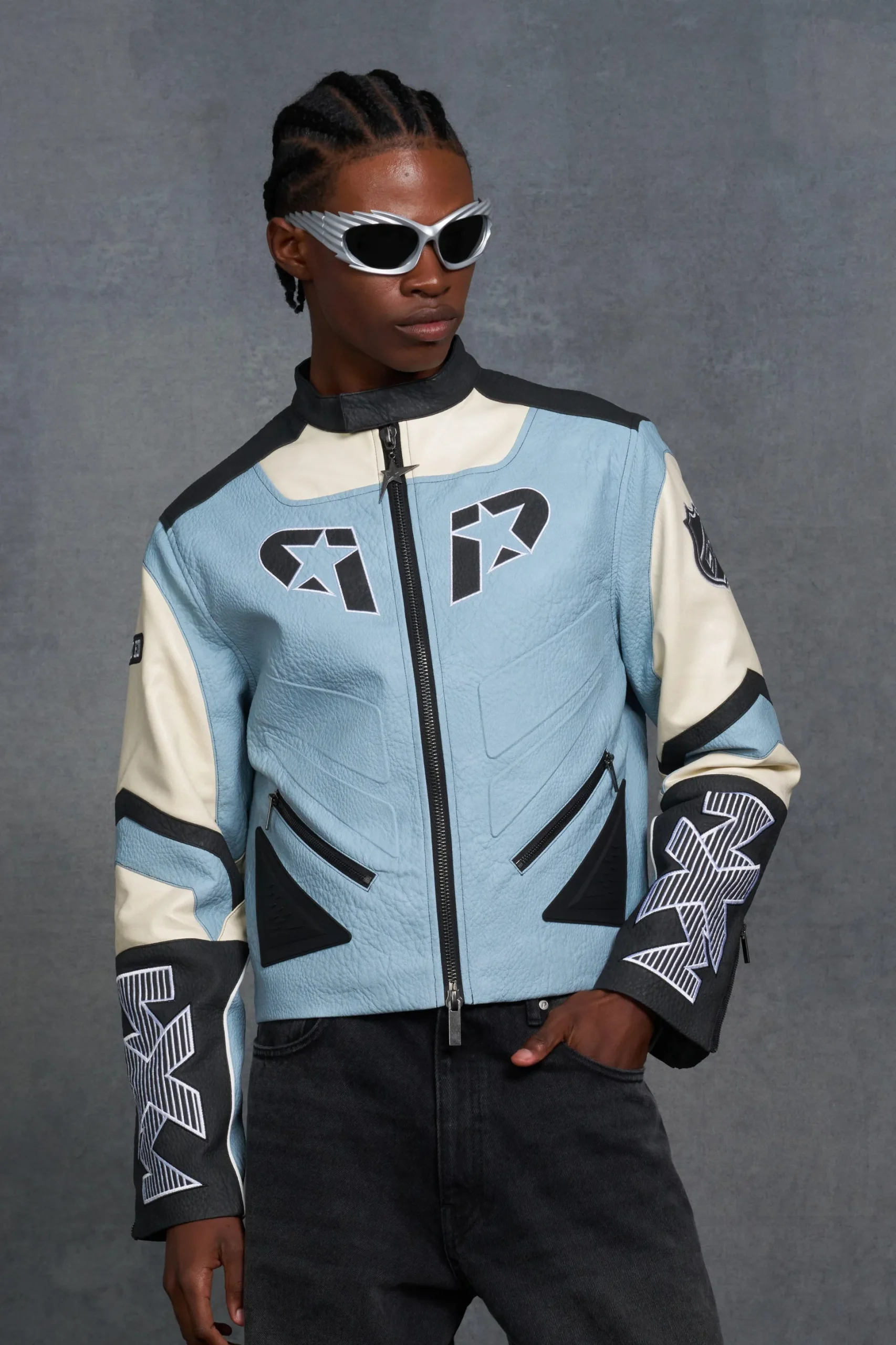 P-Star Boxy Faux Leather Panelled Moto Jacket | BoohooMAN UK