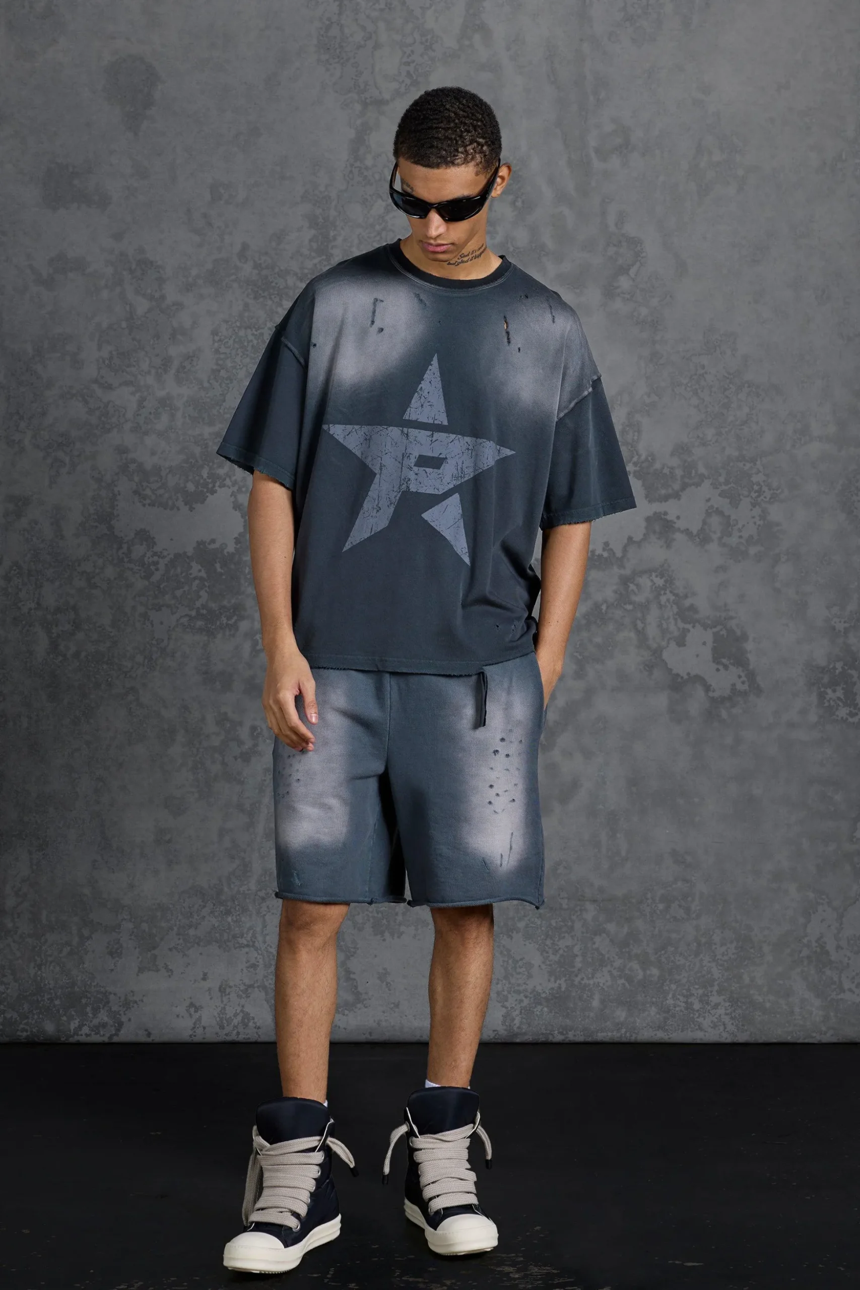 P-Star Loose Fit Washed Jersey Shorts With Distressing | BoohooMAN UK