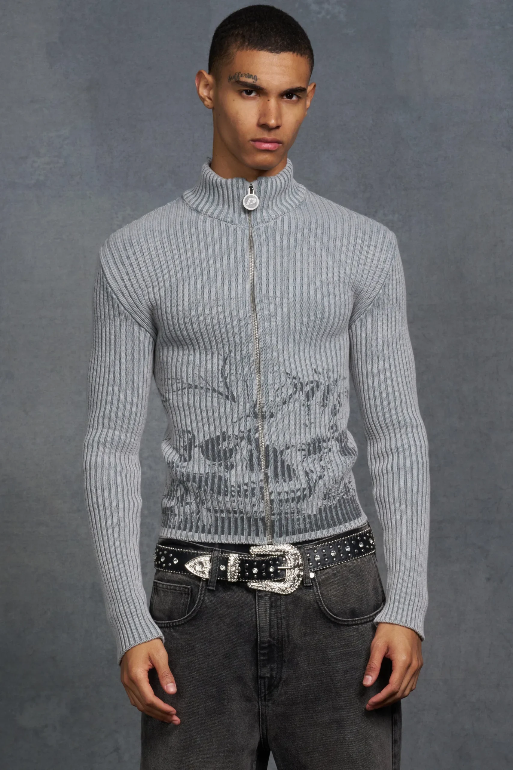 P-Star Muscle Fit Acid Wash Rib Knit Skull Print Jumper | BoohooMAN UK