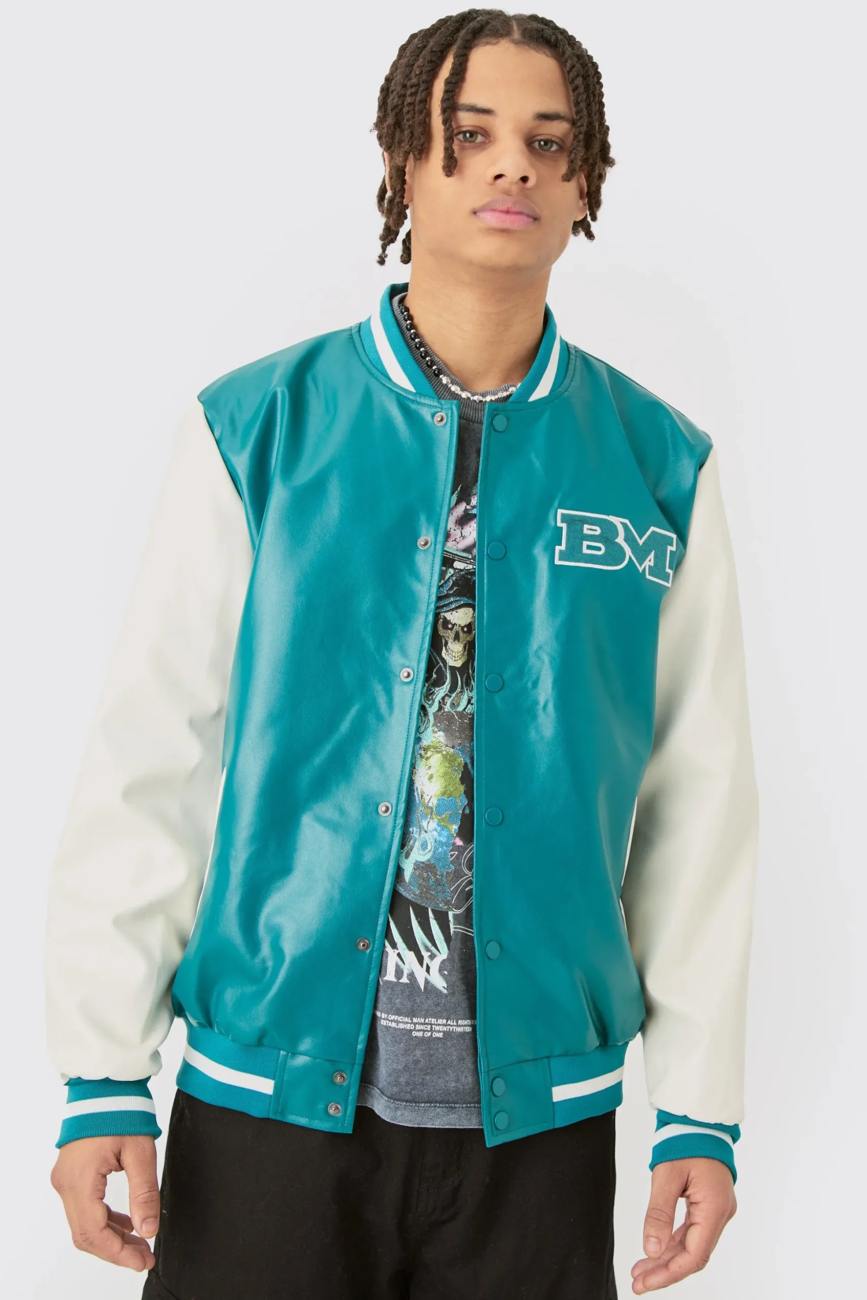 PU Badge Varsity Jacket In Teal | BoohooMAN UK