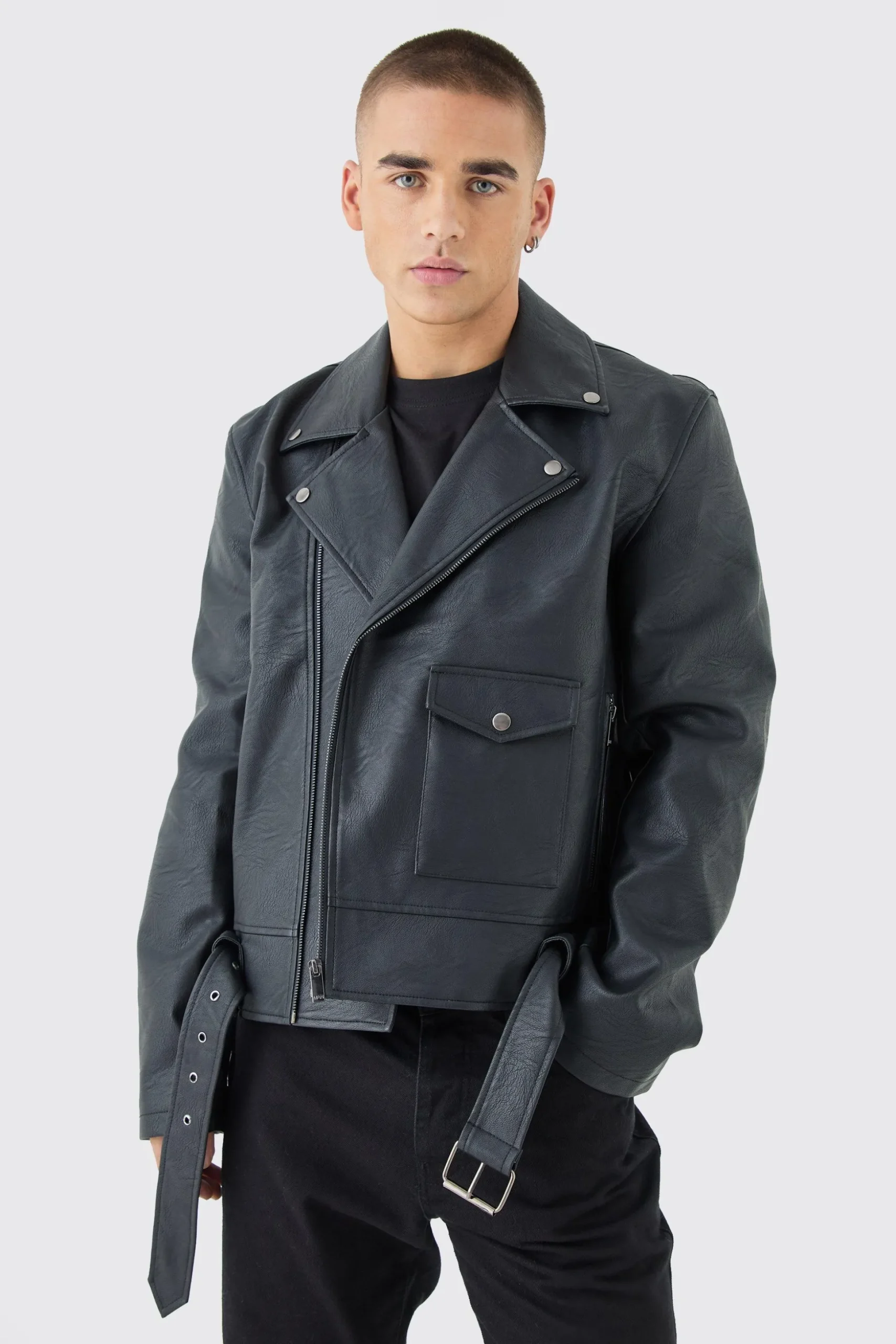 Pu Biker Jacket In Black | BoohooMAN UK