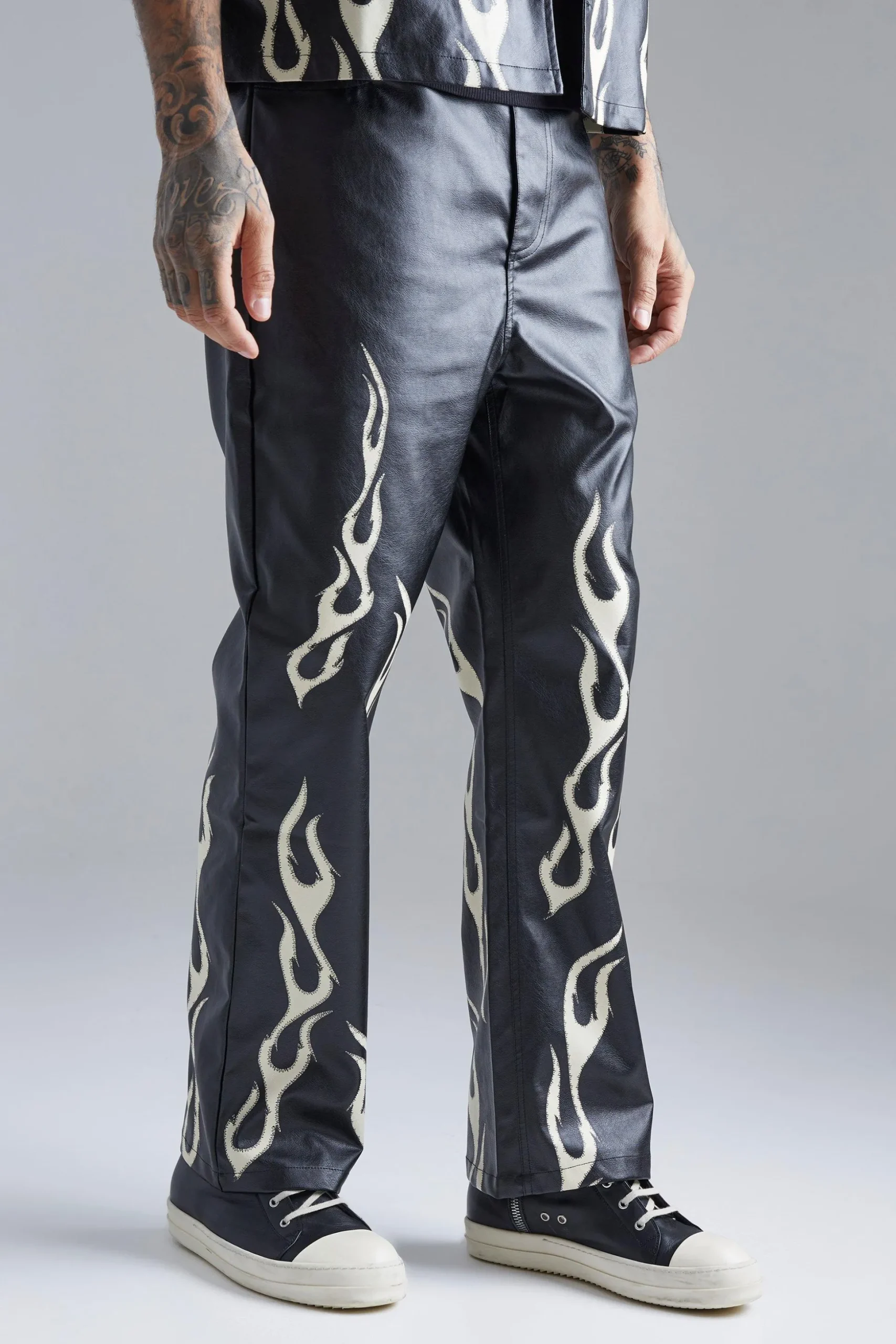 Pu Flame Hem Straight Trouser | BoohooMAN UK