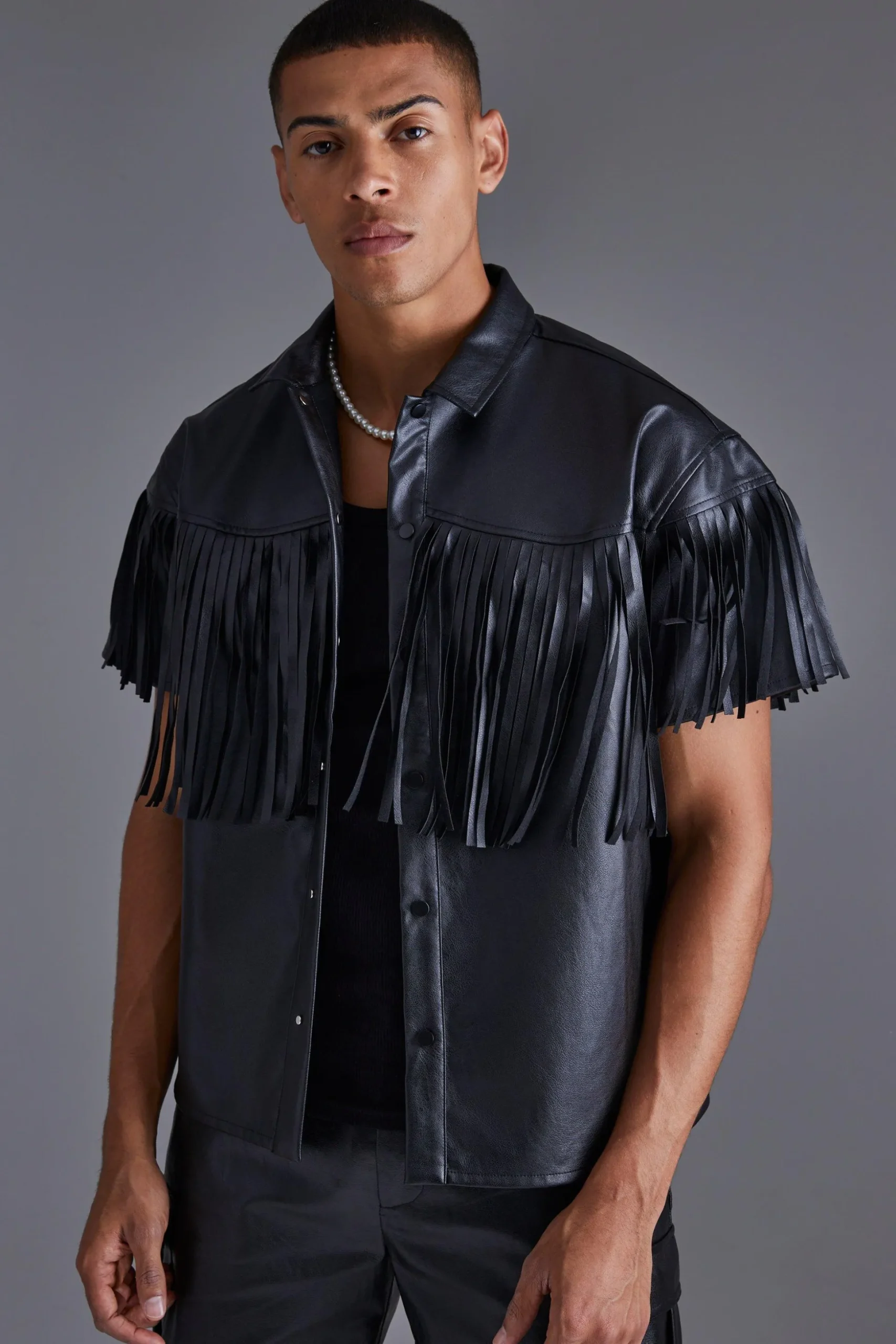 Pu Fringe Boxy Shirt | BoohooMAN UK