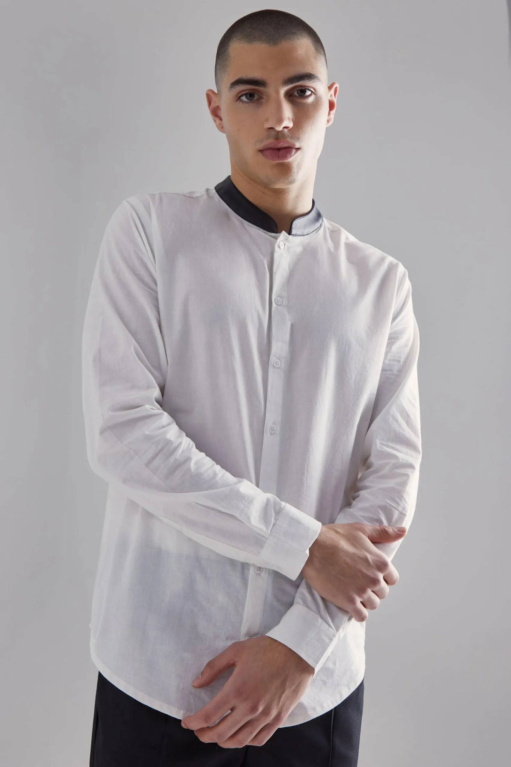 Pu Grandad Collar Poplin Shirt | BoohooMAN UK